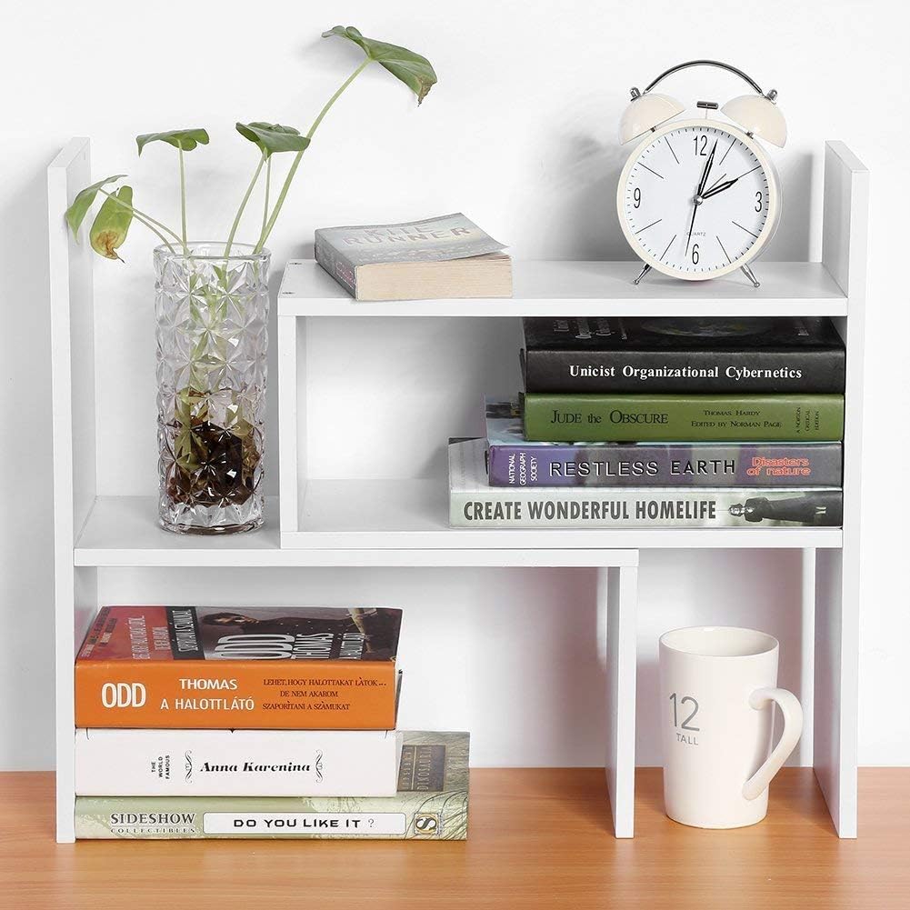 Hongtaitong Natural Wood Bookcase,Bookshelf on Desk, Expandable Bookselves in Room,Organizer Expandable Desktop,Adjustable Desktop Shelves and Office Shelves，Counter Organizer Kitchen (White) : Home & Kitchen