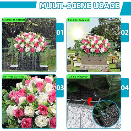 Artificial Cemetery Flowers Saddle,Cemetery Grave Decoration Headstone Flower Saddle Rose Headstone Flower Saddle Outdoor Grave Decorations (Pink) image 2