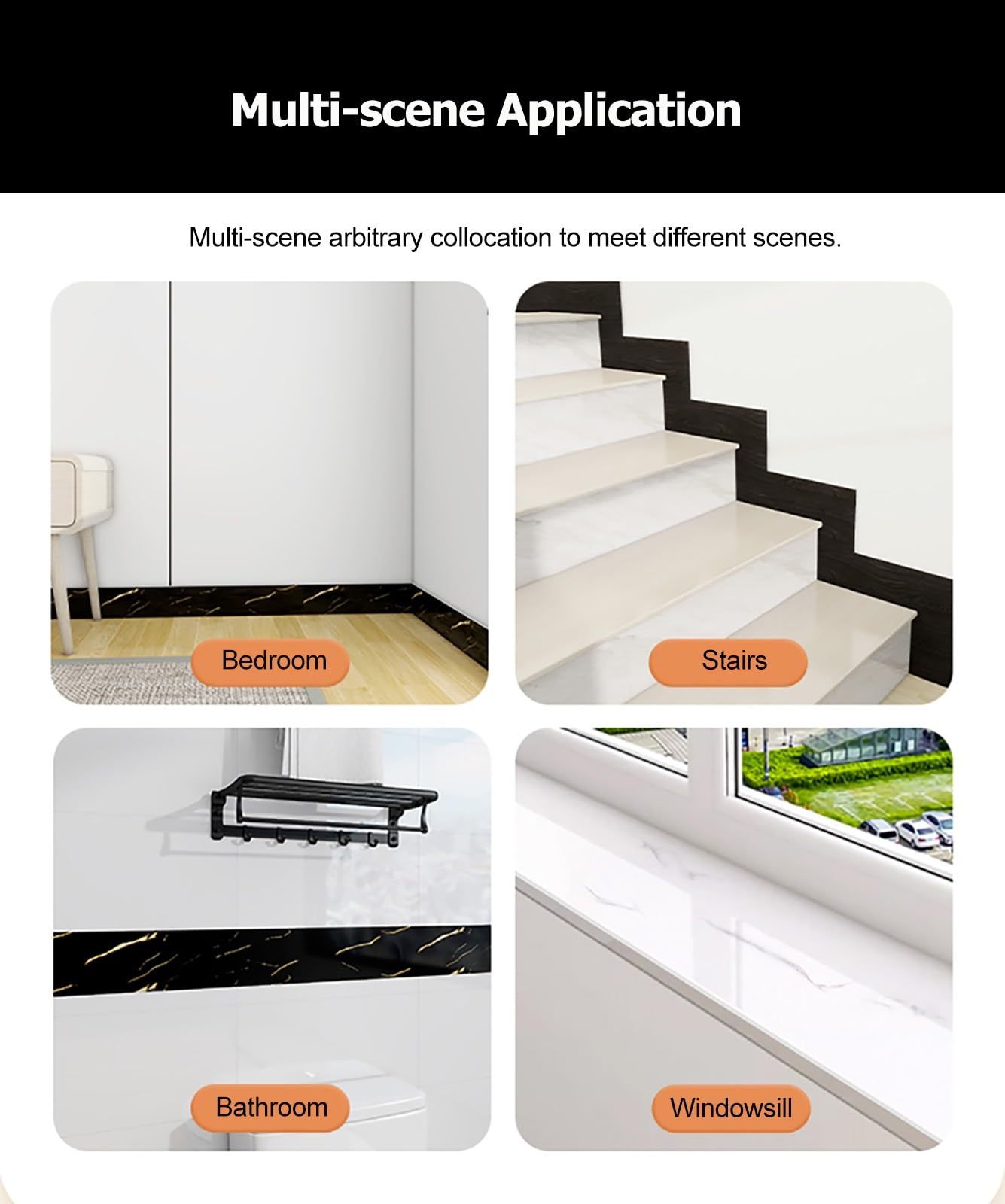 Battiscopa Modanatura per base a parete in PVC autoadesiva lunga 60 cm per pareti e pavimenti, modanatura per battiscopa nera con design stacca e incolla, per ufficio domestico(60x10cm/23.6x3.9in)