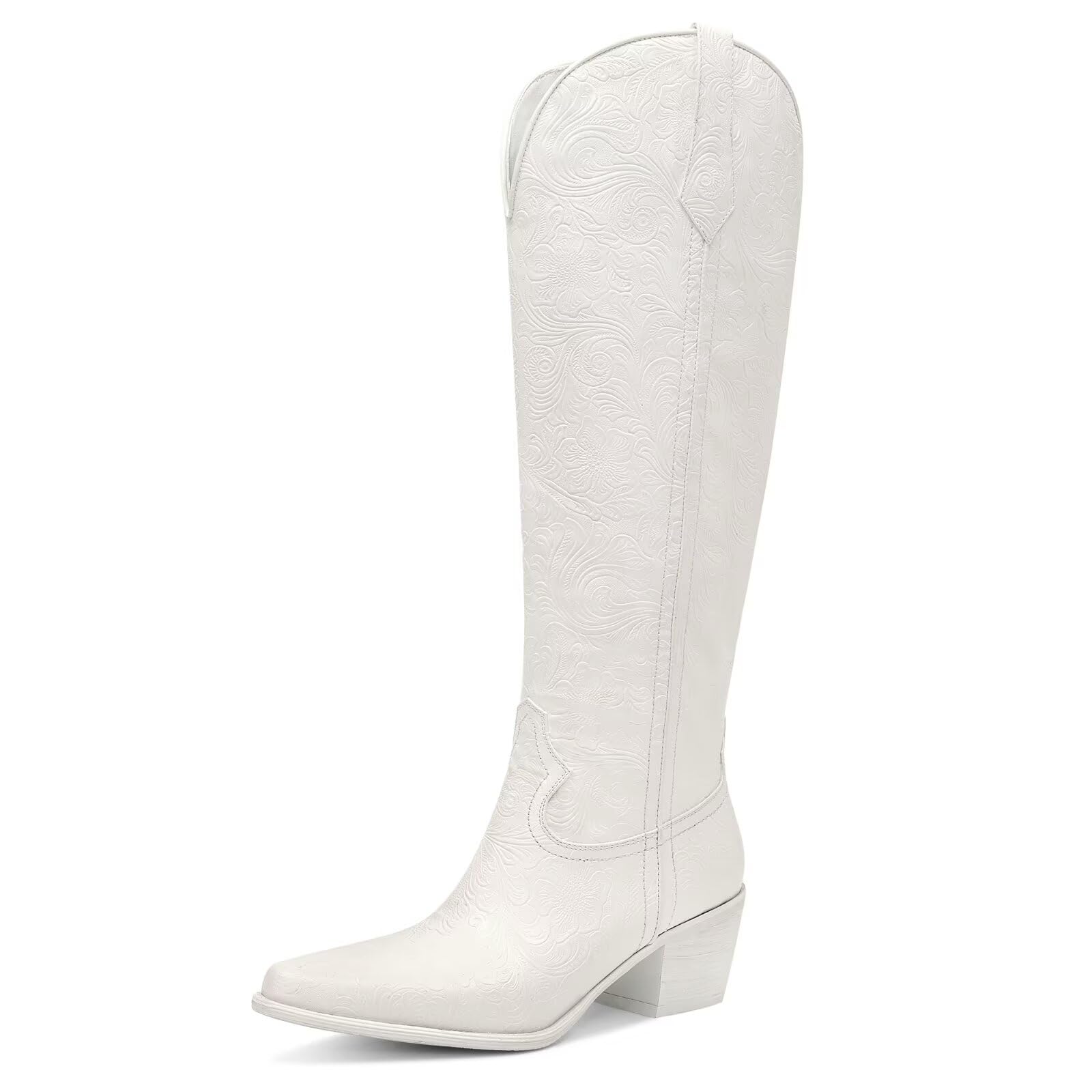 Womens Cowboy Boots Embossed Knee High Western Boots Pointed Toe Comfortable Chunky Heel Pull on Riding Cowgirl Boots