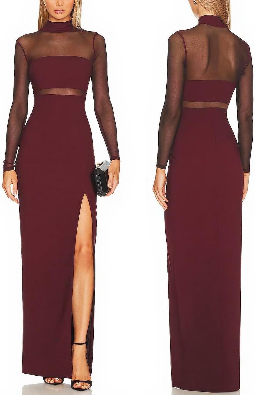Aigeman Women See Through Mesh Long Sleeves Maxi Dress Turtleneck Bodycon Long Dresses Side Slit Cocktail Party Dress 451