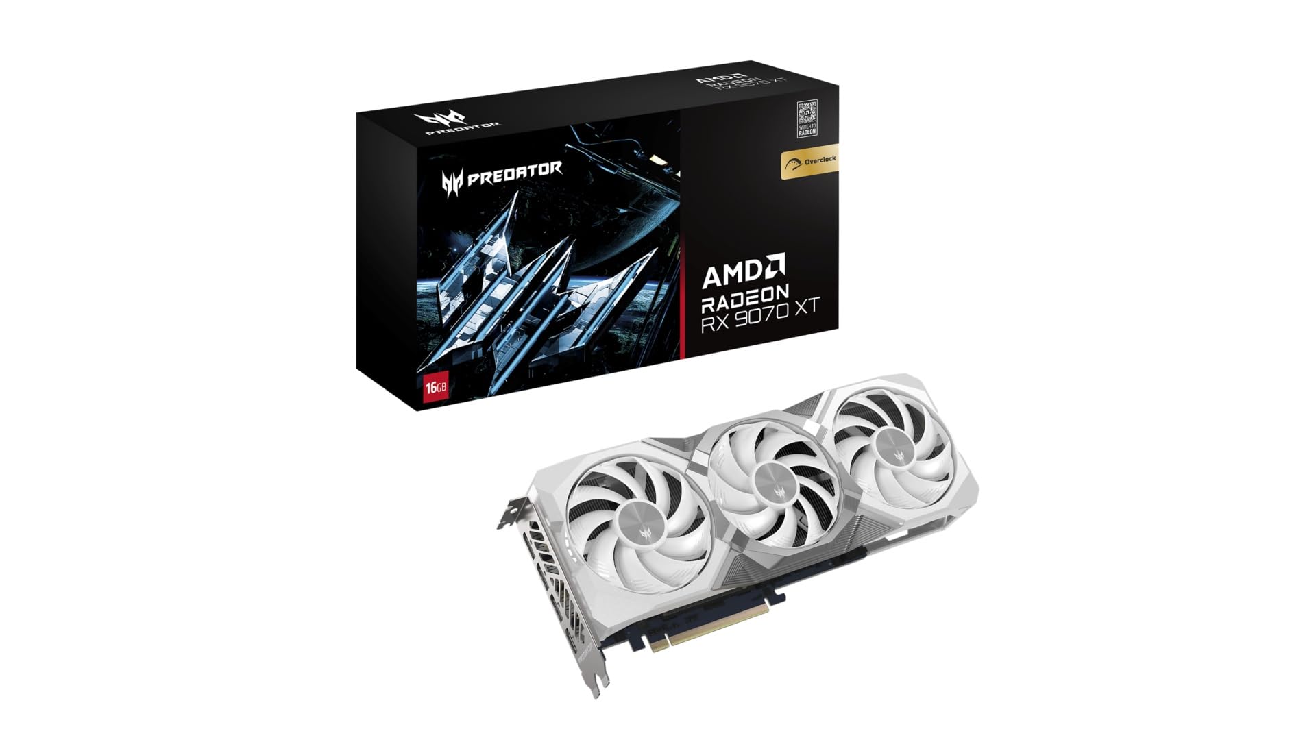 Acer Predator BiFrost Radeon RX 9070 XT OC - AMD Grafikkarte (16 GDDR6, 256 Bit, PCIe 5.0 x16, 1x HDMI 2.1a 3X DP 2.1) 3X FrostBlade 4.0, 3x8 pin, Slot Space: 2.6