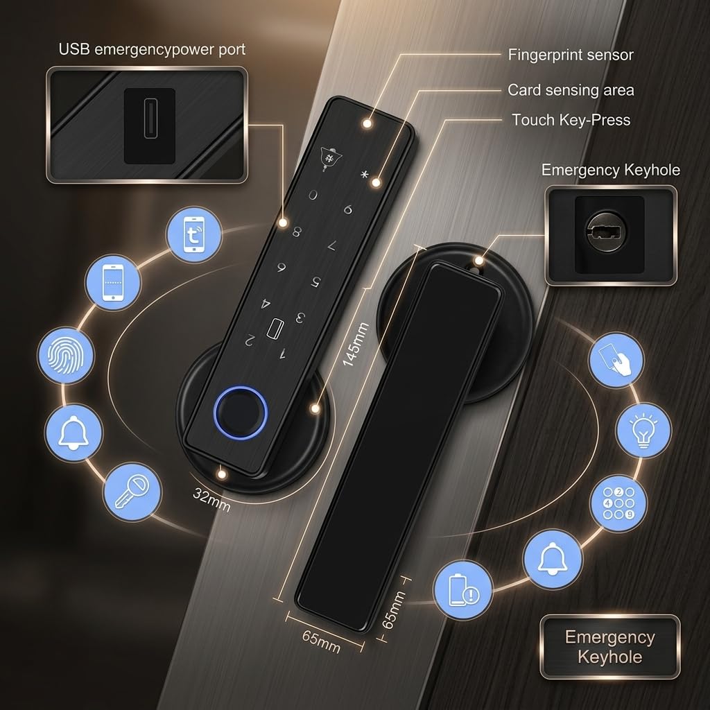 Serrure intelligente à empreintes digitales, 5 modes d'accès : empreinte digitale, code PIN, carte IC, clé mécanique et pilotage par application. Convient aux appartements et bureaux.