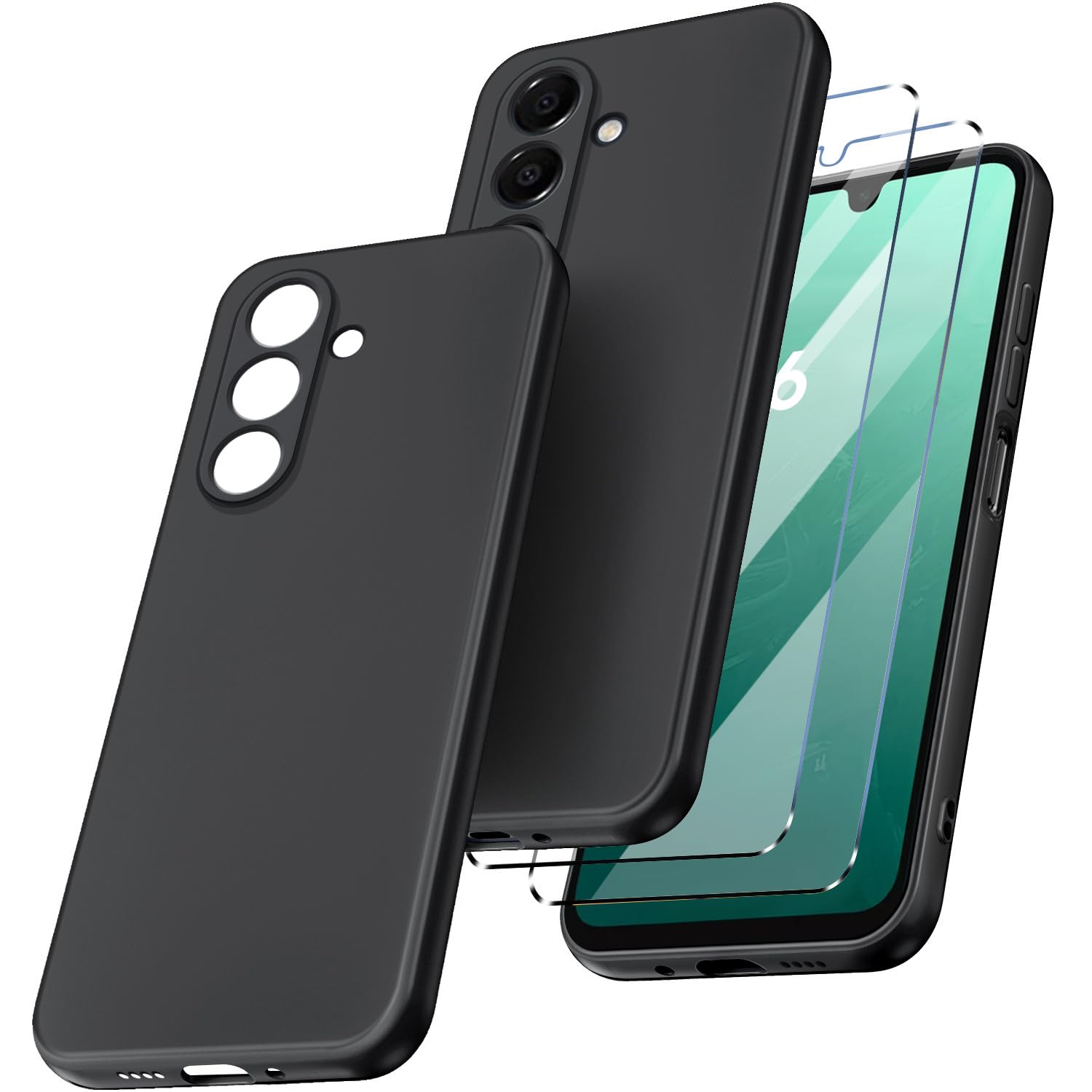 New&Teck Cover per Samsung Galaxy A16 4G/5G + 2 vetro temperato protezione schermo, custodia in silicone TPU morbido, antiurto con angoli rinforzati, protezione chiara. (Nero)