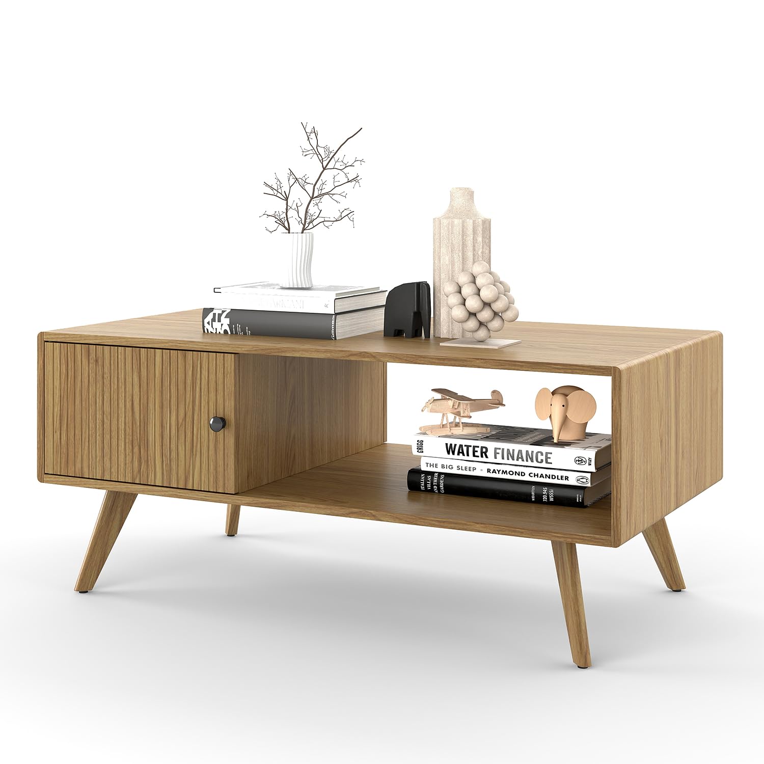 Manora Mesa de Centro con Almacenamiento, Mesa de Salón Rectangular, Patas de Madera Maciza, Mesa Auxiliar Moderna para Salón, Balcón, Oficina, 105 x 45 x 55cm, Roble