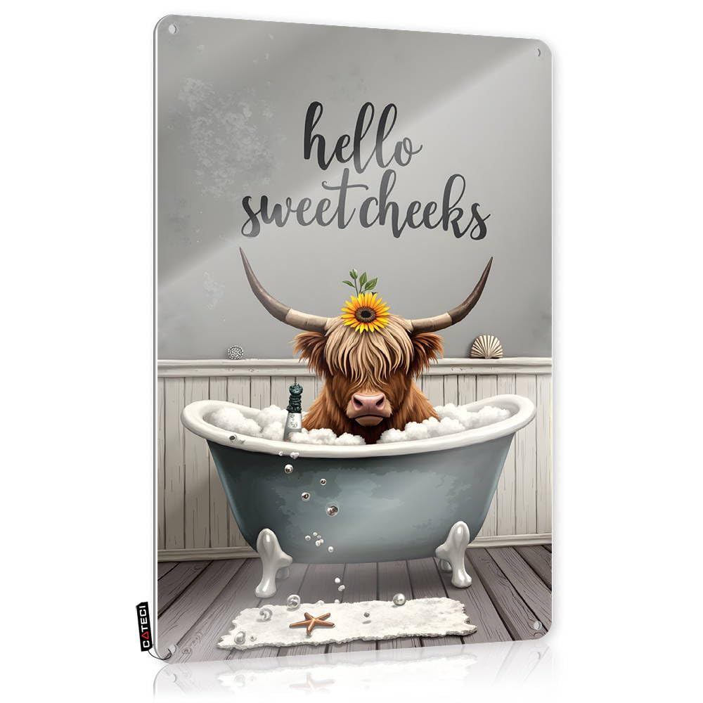Fzfn Colour Handmade Poster, Winter Essentials Relaxing Highland Cow In Bubble Bath: 'Hello Sweet Cheeks' | Farmhouse Farmhouse Decor(30X40cm)