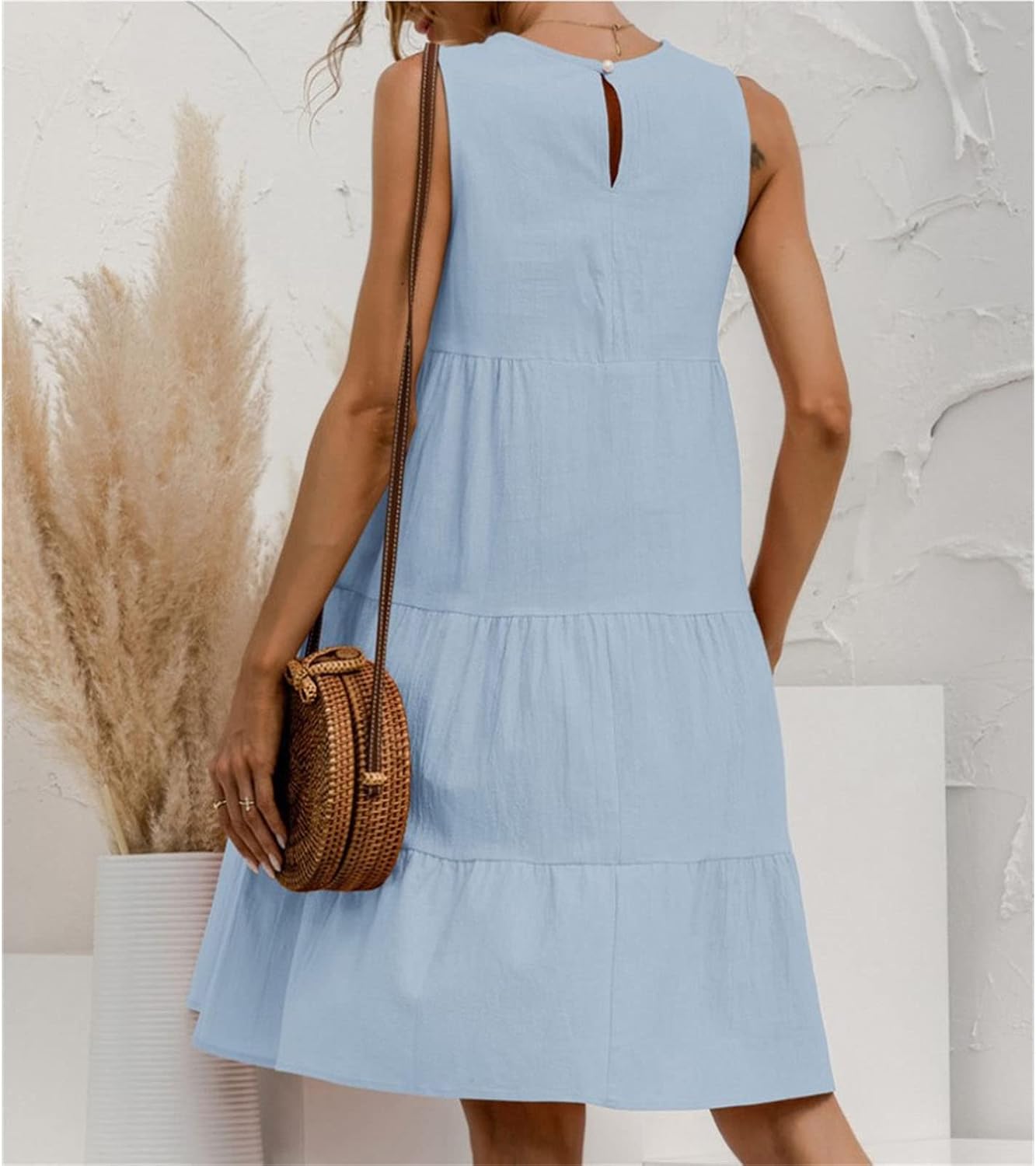 Women’S Cotton Linen Babydoll Dress Casual Ruffle Short Sleeve Tunic Dress Tiered A-Line Flowy Mini Beach Dress
