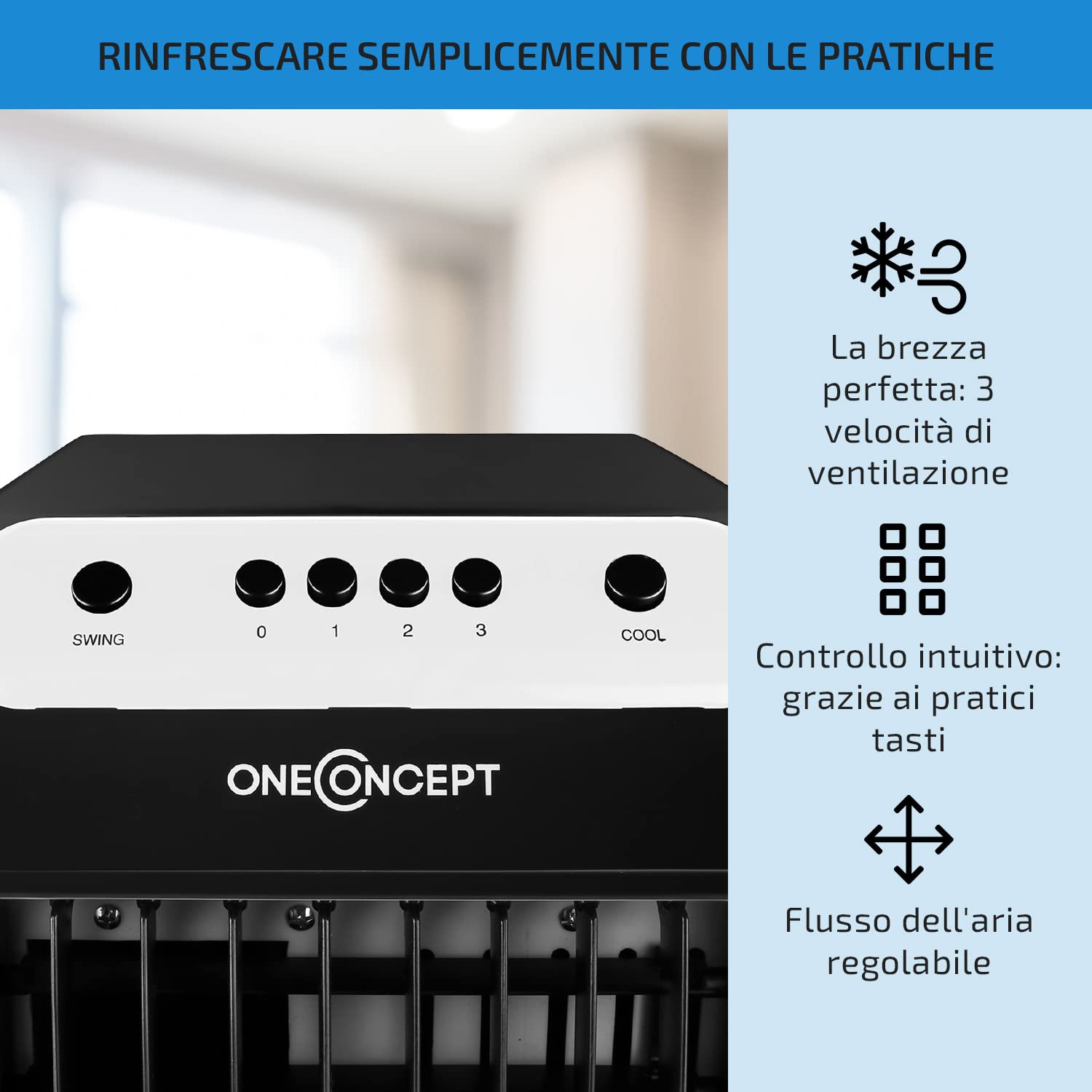 Oneconcept - Caribbean Blue, refrigeratore d’aria portatile, ventilatore, umidificatore, 3 velocità, portata d'aria 400 m³/h, 70 W, serbatoio 4 l, 2 vaschette ghiaccio, oscillazione, 4 rotelle (ebano)