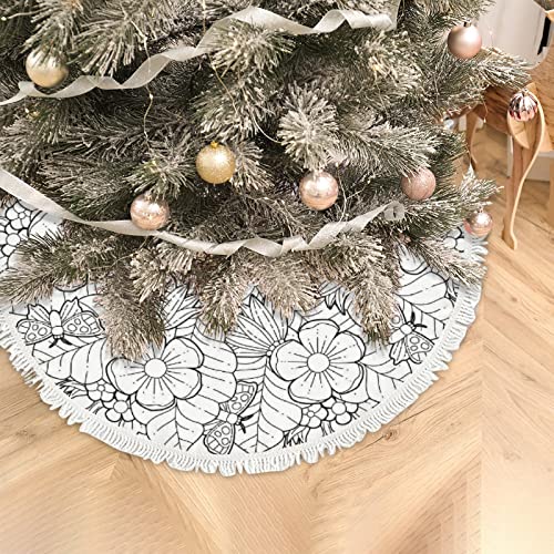 48 Inch Christmas Tree Skirt Circle Spring Summer Doodle Large Tree Skirt Mat Holiday Party Farmhouse Xmas Tree Matfor Home Decor Indoor Outdoor #TOP4