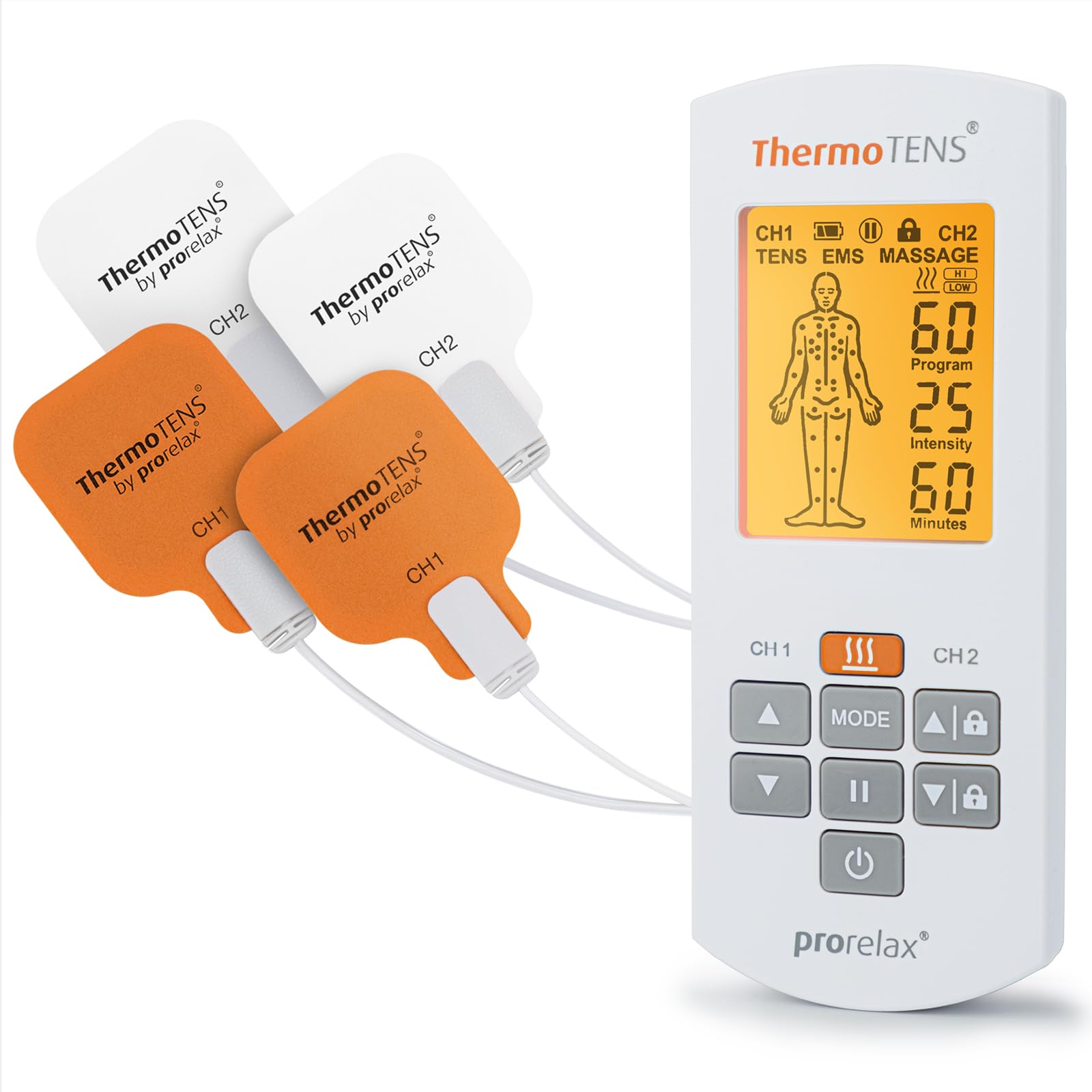 prorelax TENS/EMS QUATTRO | Akkubetriebenes Elektrostimulationsgerät | 4 Therapien - TENS, EMS, MASSAGE, WÄRME | Zur Schmerzlinderung, Entspannung, Muskelaufbau | 60 Programme | 25 Intensitätsstufen