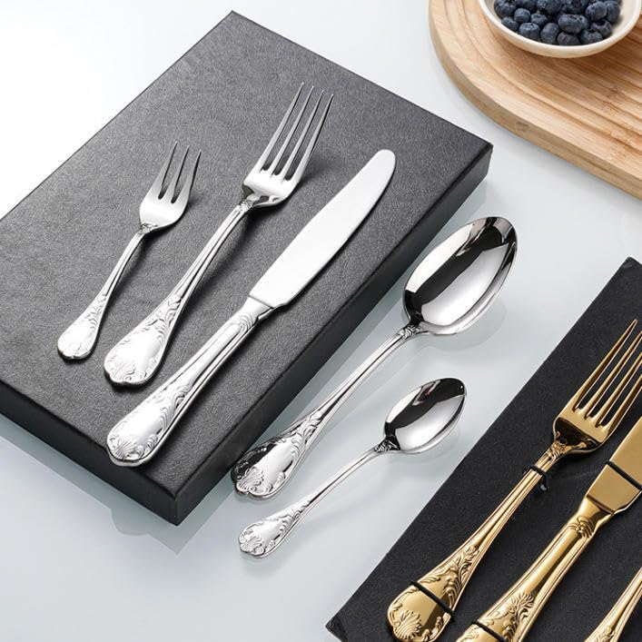 Ce Service de Couverts Comprend 10 cuillères et fourchettes en Acier Inoxydable avec Manches sculptés à Motifs décoratifs. Un Ensemble Luxueux et Unique pour la Maison. Couleur Argent. 32 pi