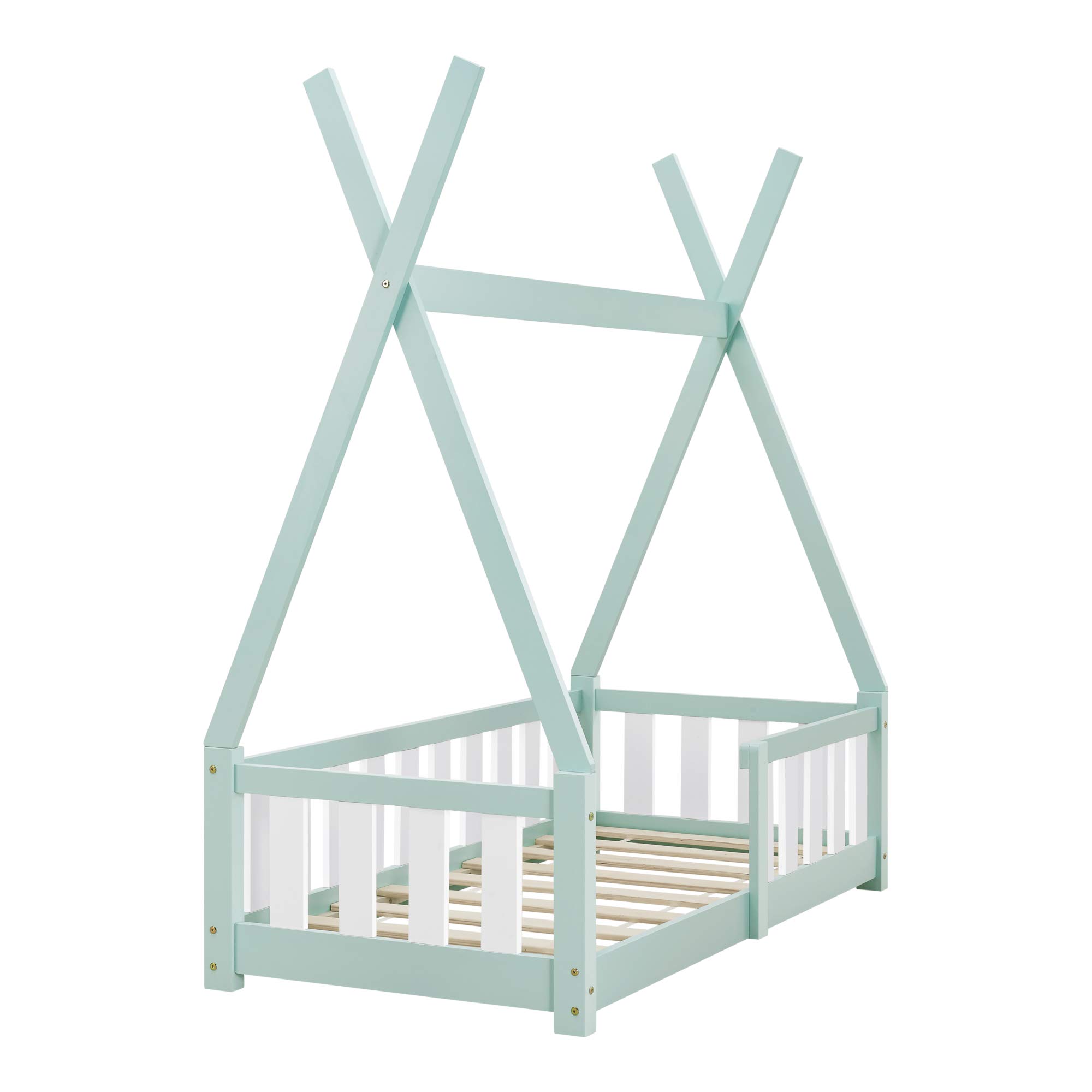[en.casa] Kinderbett Helsingborg 70 x 140 cm mit Rausfallschutz Lattenrost Tipi Zelt Jugendbett Bettgestell Kiefernholz Holzbett für Kinder Mintgrün