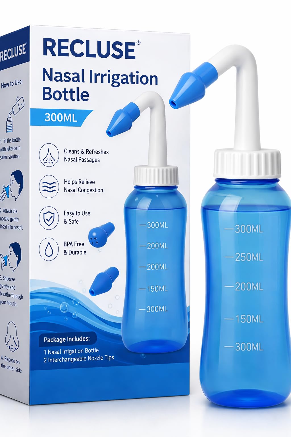 RECLUSE Sinus Rinse Bottle for Nasal Irrigation & Congestion Relief | Nasal Wash Cleaner for Cold, Allergy, Sinusitis | BPA Free Neti Pot Bottle with Soft Nozzle | Nose Cleaner for Adults & Kids-image-7