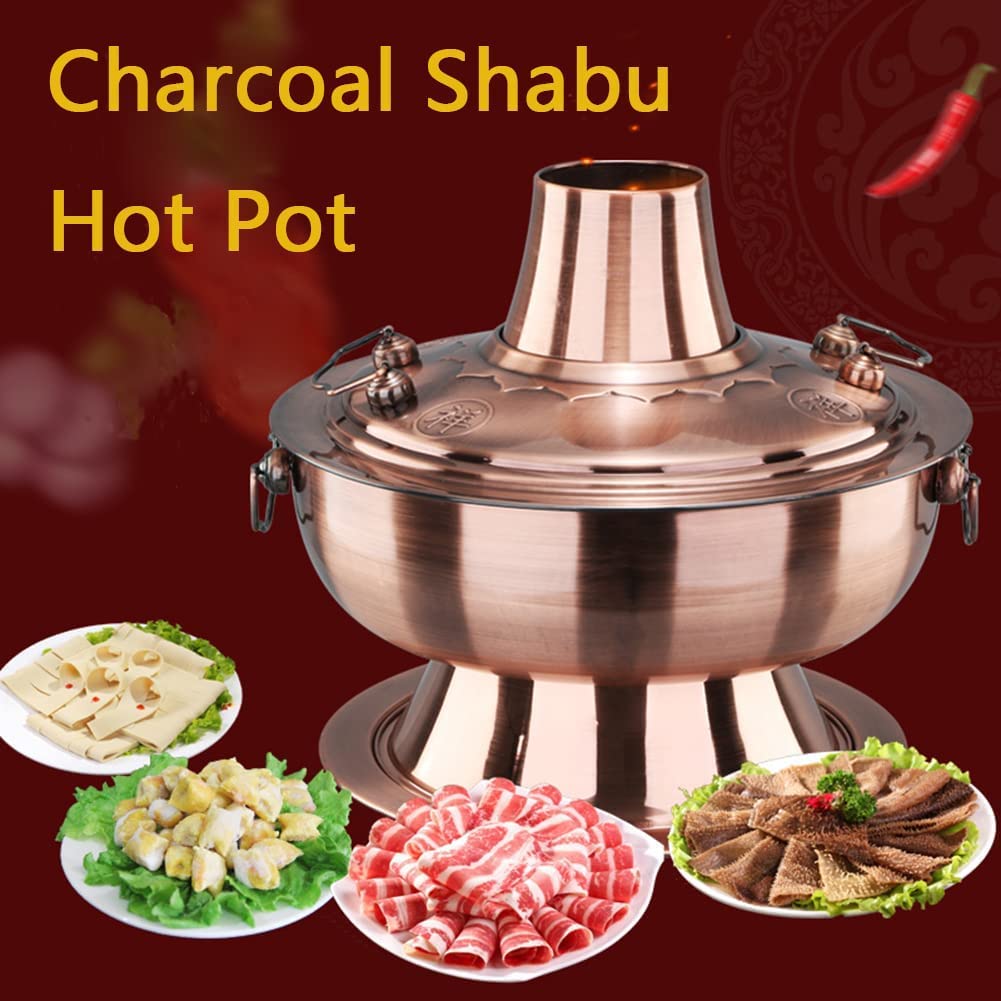 Olla de carbón caliente Shabu - Olla de sopa vintage de cobre con chimenea, diseño de acero inoxidable para reuniones familiares de 3 a 6 personas, perfecta para fiestas