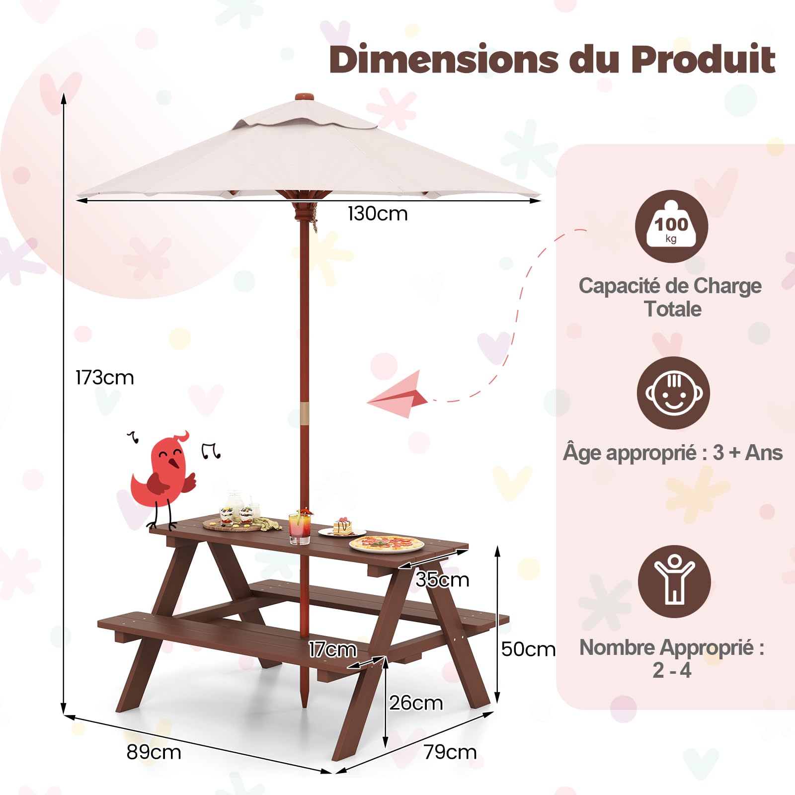 DREAMADE Table de Pique-Nique Enfant en Bois avec Parasol Amovible,Table Exterieur Enfants avec Banc,4 Places,pour Jardin,Terrasse,Patio,Balcon,89x79x50CM
