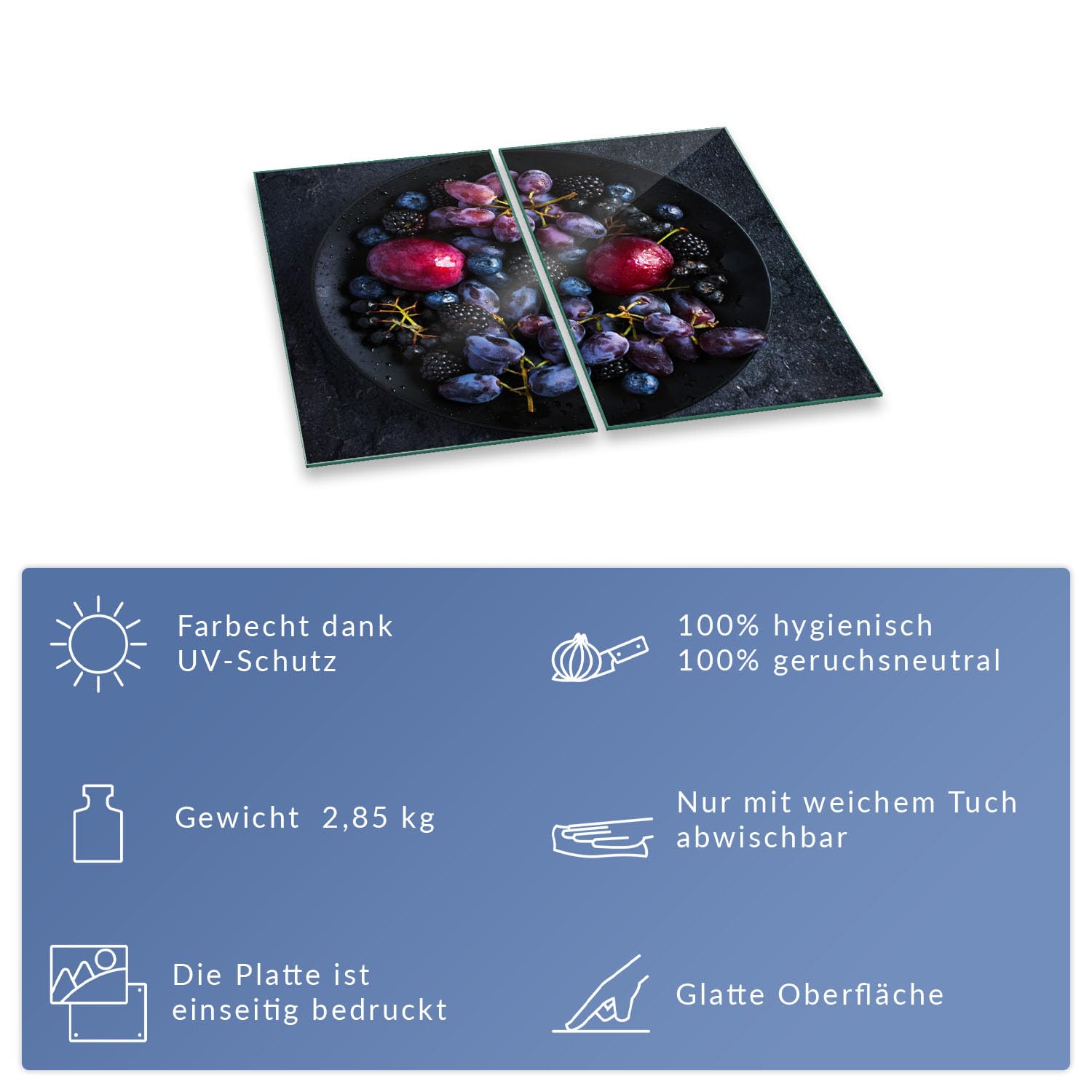 Herdabdeckplatte Abdeckung Ceranfeld Abdeckplatte Schneidebrett 2-Teilig 60x52 Früchte Beeren Violet Spritzschutz Glasplatte Ceranfeldabdeckung Herdschutz Sicherheitsglas Glasschneidebrett 2x30x52