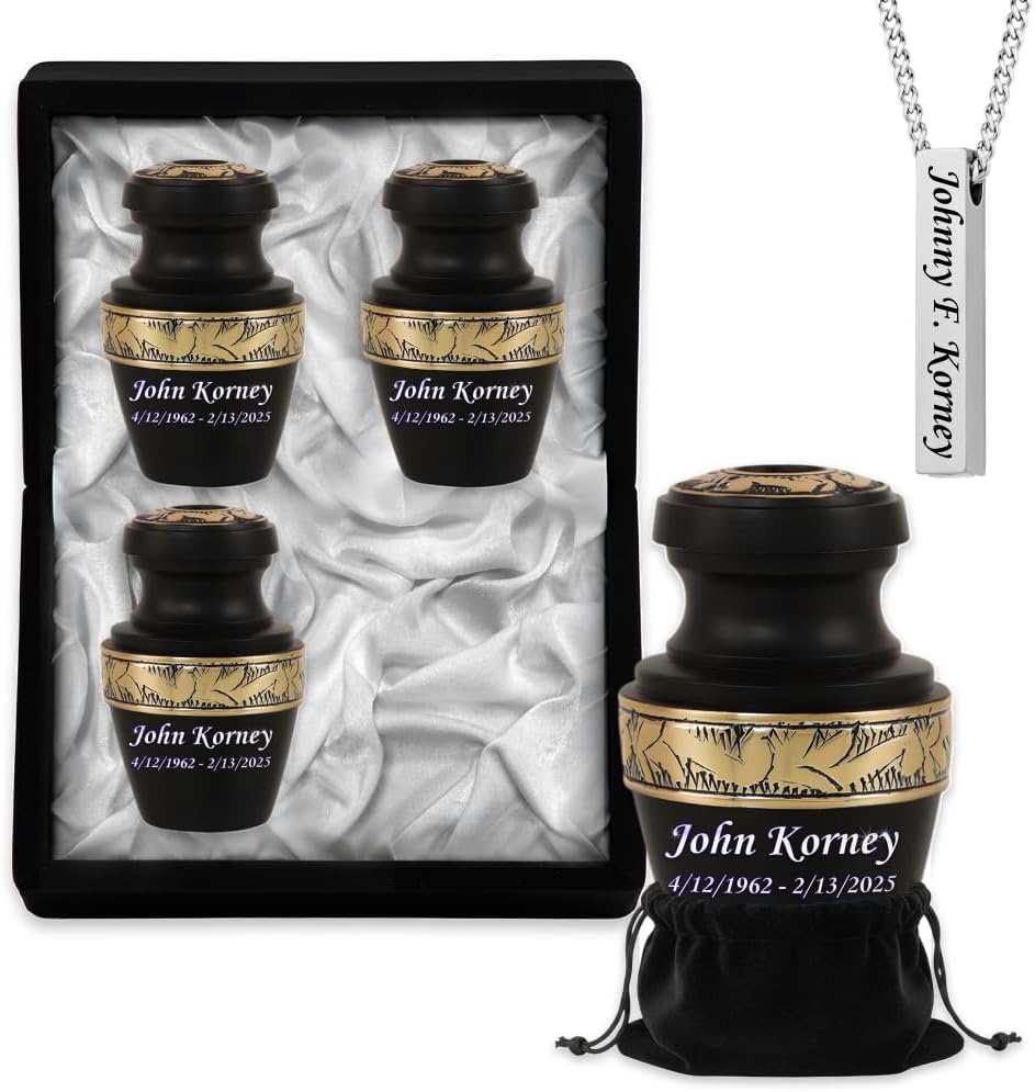 AmericUrn Custom Black and Gold Urns for Human Ashes – Adult Female Memorial Set of 5 with 4 Keepsake Urns & Necklace Urn