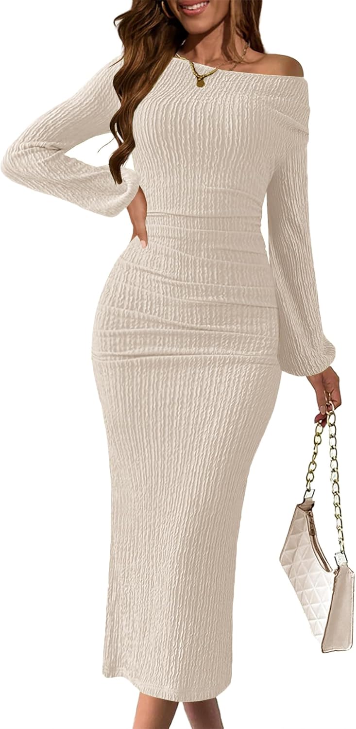 MITILLY Fall Long Sleeve Dress for Women Formal One Shoulder Bodycon Ruched Wedding Guest Midi Dresses