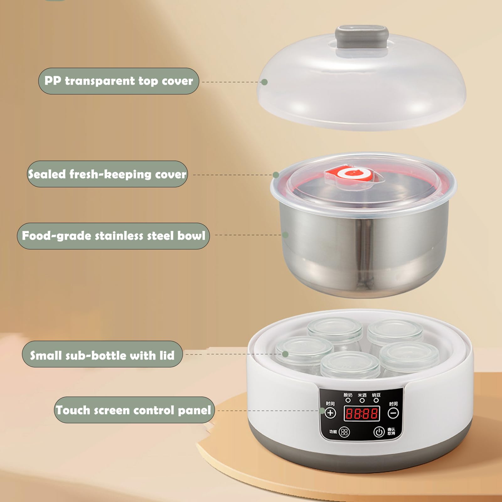 Genérico Yogurtera ProbióTica, MáQuina EléCtrica para Hacer Yogur, Incubadora De Yogur Multifuncional para El Hogar De 1200 Ml con 5 Tarros De Yogur, Yogurtera con Control De Tiempo Ajustable