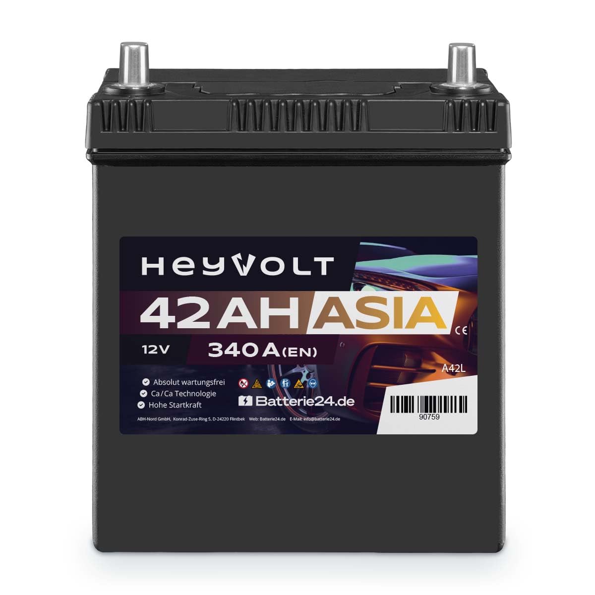 HeyVolt Asia Autobatterie 12V 42Ah 340A/EN Starterbatterie, absolut wartungsfrei ersetzt 35Ah 40Ah, Pluspol Links