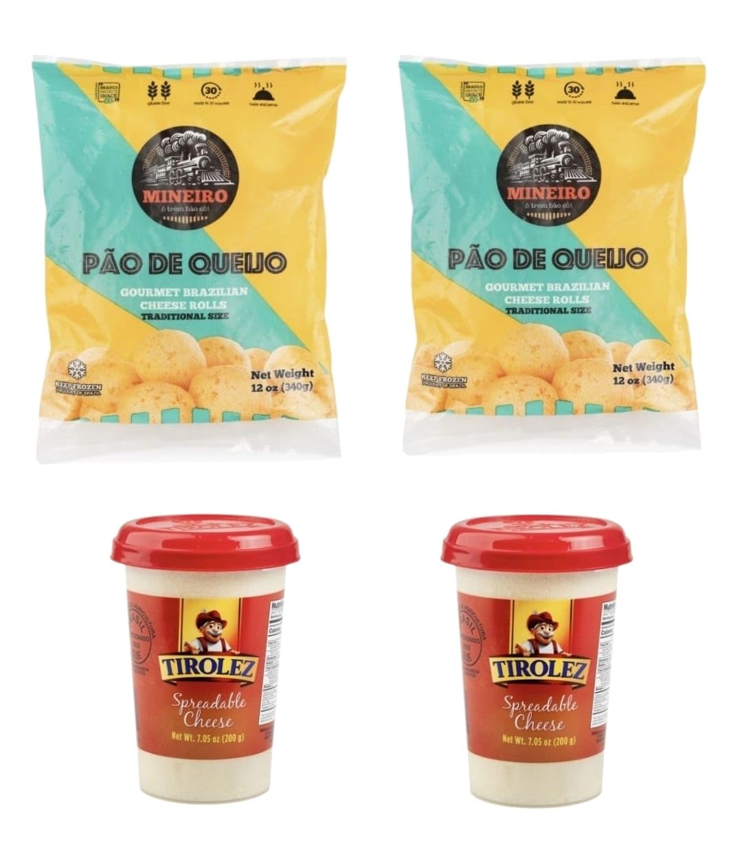 Mineiro Gourmet Brazilian Cheese Rolls 12oz Pack of 2 + Tirolez Spreadable Cheese 7.05 oz Pack of 2 | Pao de Queijo + Requeijao | Bundle by Brazil in Texas