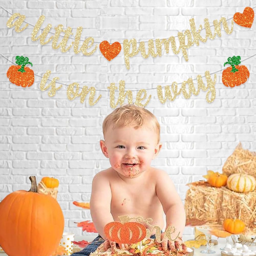 Pre-Strung Pumpkin Fall Baby Shower Banner Decorations A Little Pumpkin is On The Way Gold Glitter Birthday Party for Party Supplies Thanksgiving Fall Theme Gender Reveal Supplies NO DIY