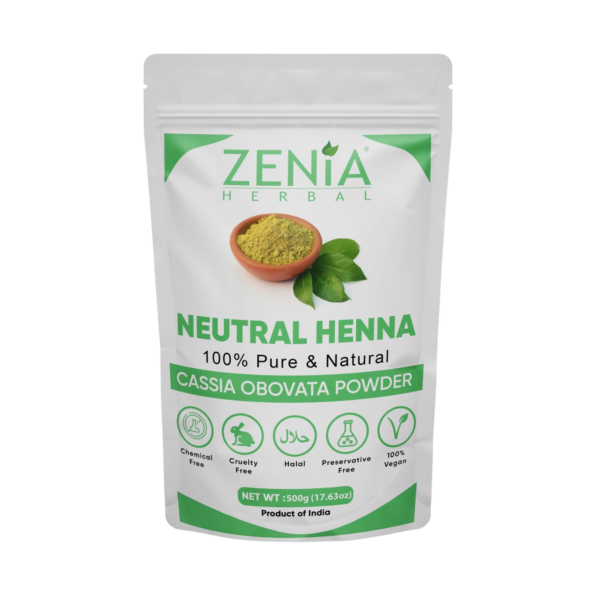 Zenia 100% Pure Neutral Henna Powder (Cassia Obovata) | 1.1lbs (500g) | Colorless Henna for Hair | Natural Hair Conditioner | for Silky, Soft & Shiny Hair