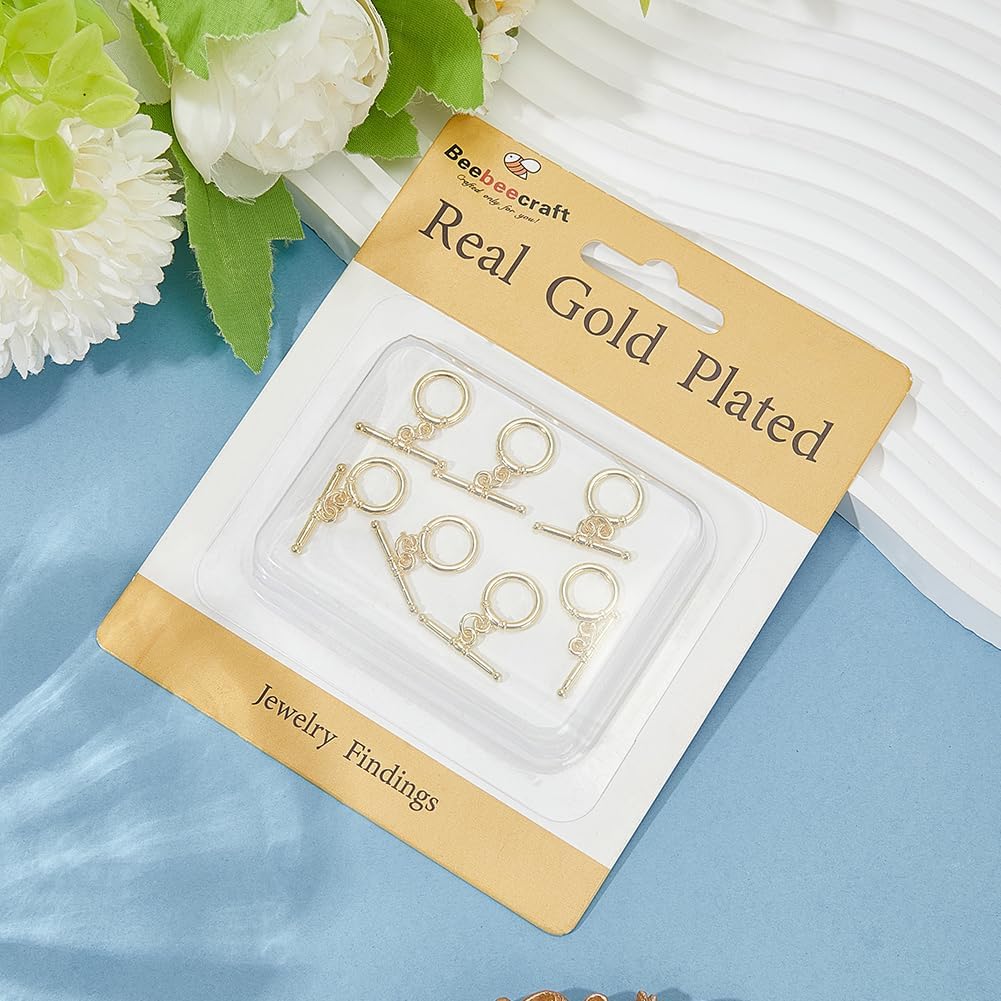 Beebeecraft 10 Sets Toggle Jewelry Clasps 18K Gold Plated Round Ring Toggle OT T Bar Clasps Sets Connectors for Jewelry Necklace Bracelet Earring Making, 15x12mm
