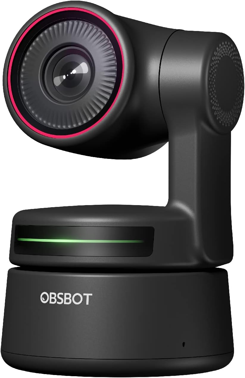 Tiny PTZ 4K Webcam, AI Tracking & Autofocus, Video Conference Camera | Dual Omni-Directional Microphones, Auto tracking with 2 axis gimbal, HDR, 60 FPS, Low-Light Correction, Web Camera for PC