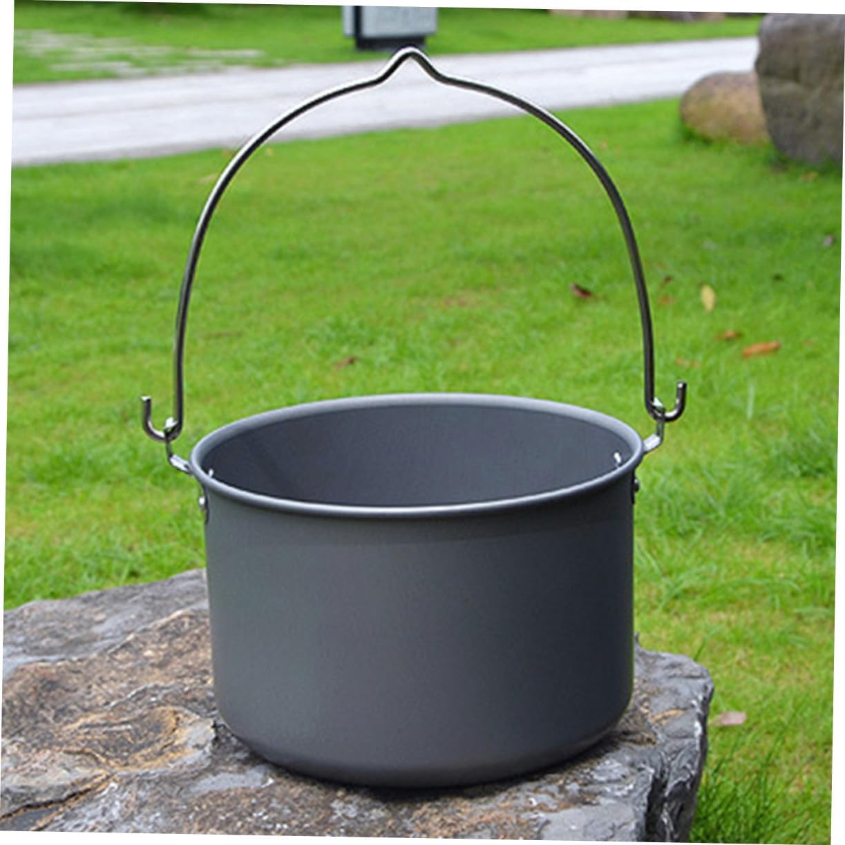 Portable Aluminum Camping Hanging Pot with Lid Large Person Outdoor Cooking Set for Bbqs Picnics Hiking Even Heat Distribution Multipurpose Casserole Pan for Family and Group
