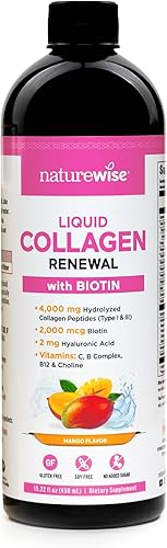 NatureWise Colágeno líquido hidrolizado para mujeres y hombres, 4000 mg, sin azúcar añadido, péptidos de colágeno múltiple + biotina + vitamina C +