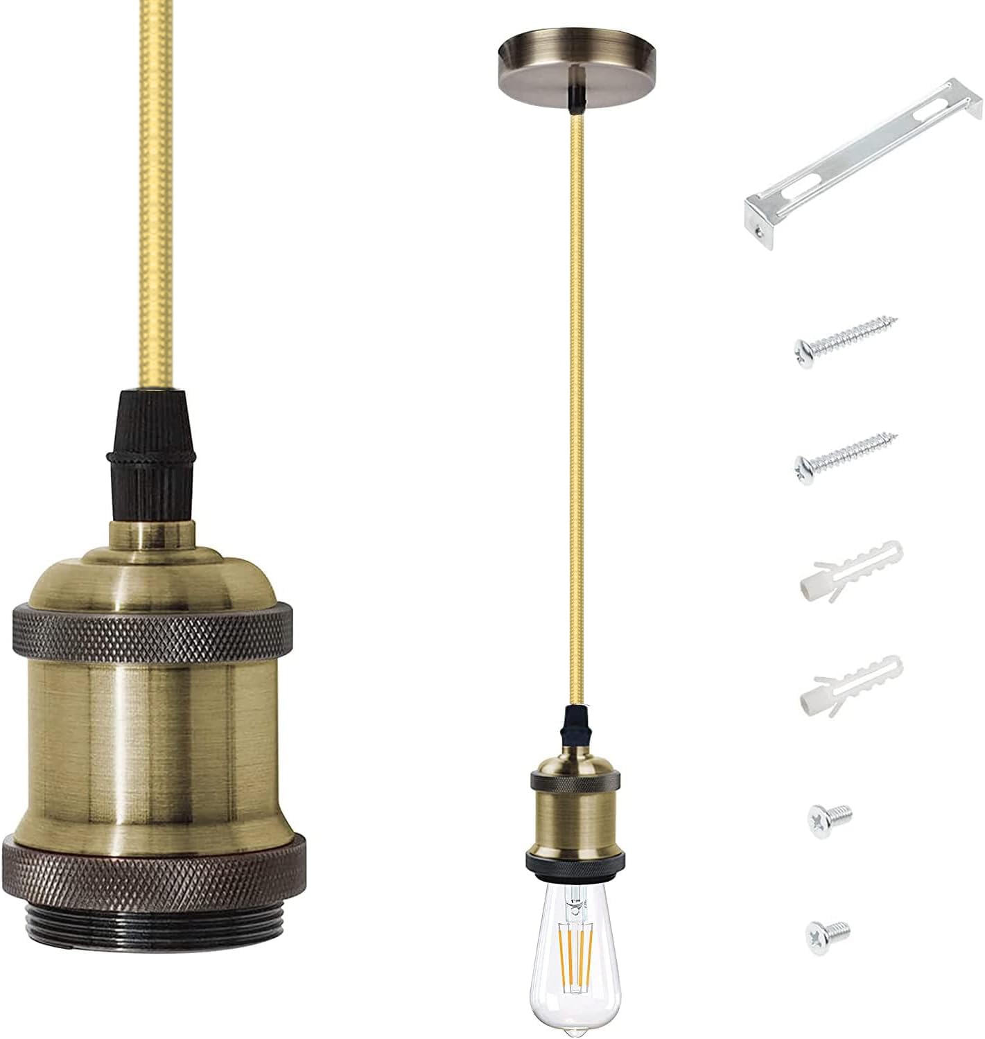 E27 Vintage Ceiling Pendant Light Fitting Modern Retro Industrial Style E27 Base Brass Lamp Holder Pendant Set[Energy Class A+] (Antique Brass)
