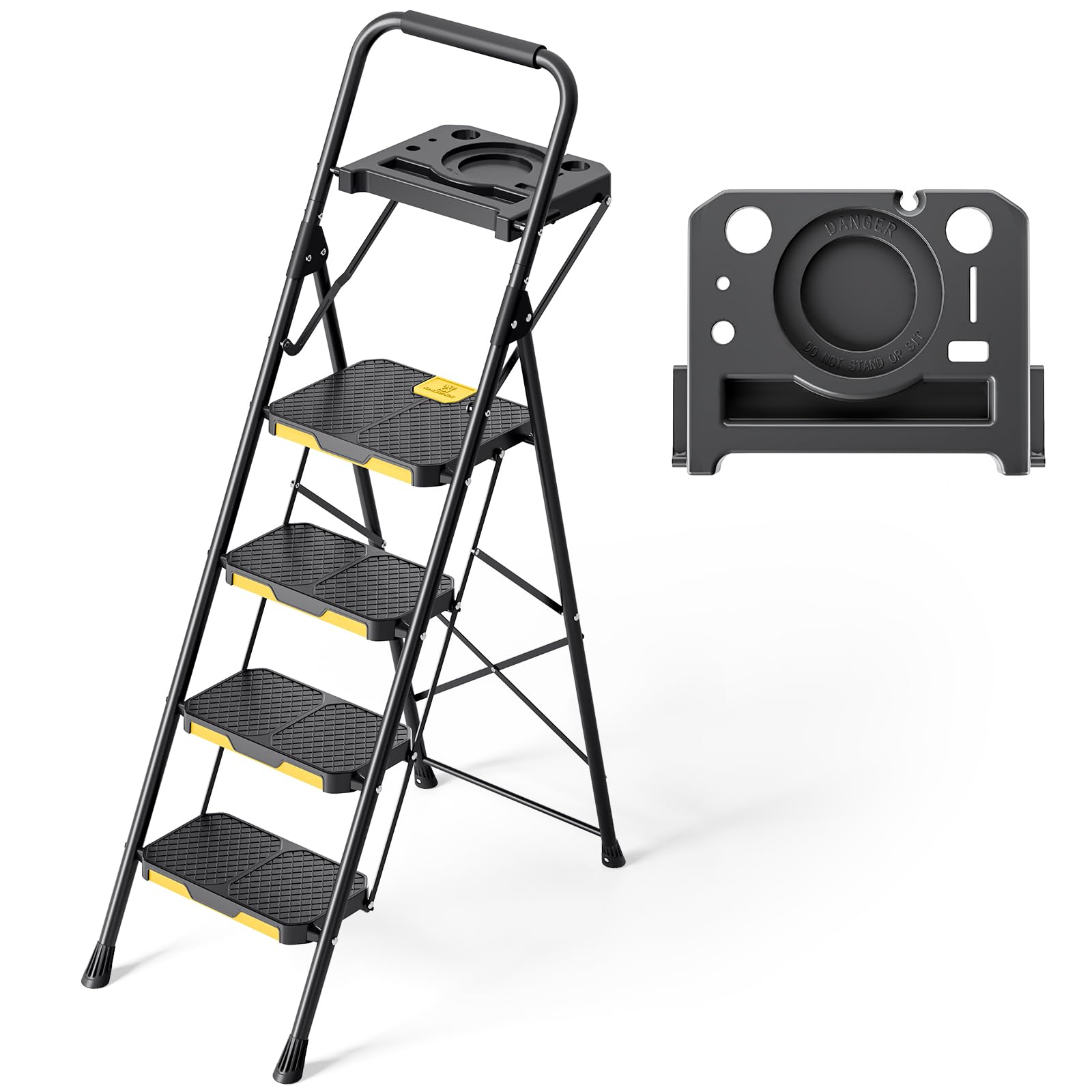 KINGRACK 4 Step Ladder, Step Ladder 4 Step Folding with Tool Tray and Handrails, Lightwight Household Ladder for Your Kitchen, Pantry, Closets, Office Use