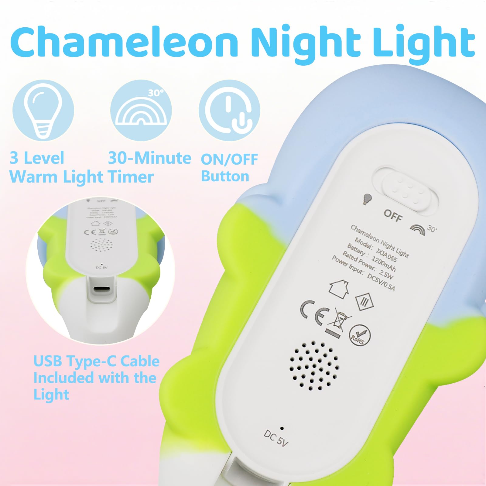 Linda luz nocturna camaleón para niños, luz nocturna esponjosa regulable de 3 niveles, temporizador de apagado automático de 30 minutos con luz de color, lámpara de silicona recargable para