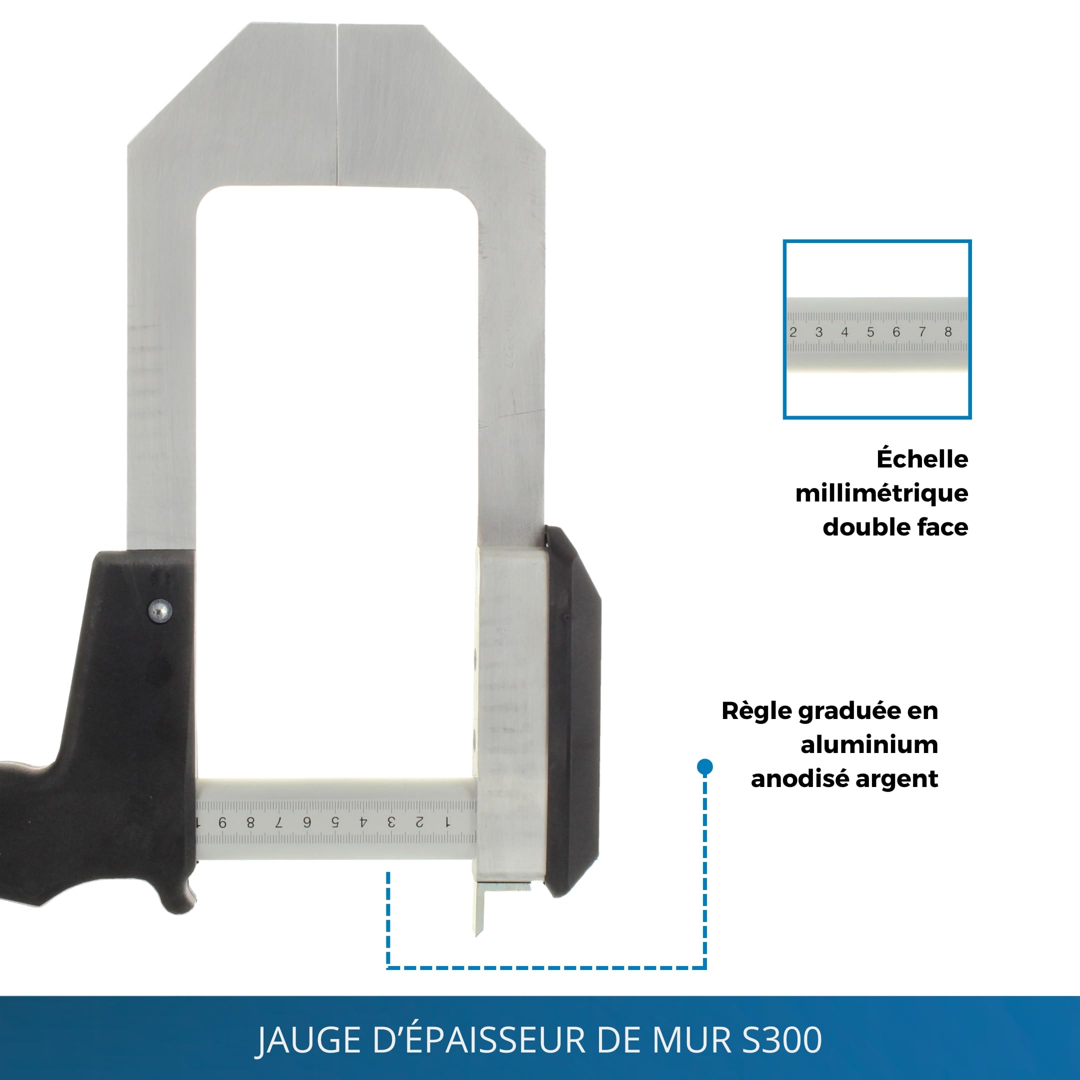 Jauge d’épaisseur de mur pour huisserie de porte S300 – Outil de mesure avec règle graduée millimétrée des deux côtés, 50 / 60 cm