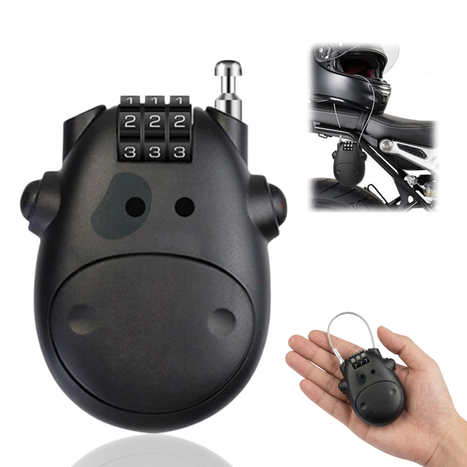 Cable Lock, 3digit Combination Padlocks with Code, Rustproof Small Suitcase Locks, Luggage Locks, 75cm Flexible Cable Lock for Helmet, Scooter, Bike, Motorcycle, Cute Cow-Shaped Design(Black)
