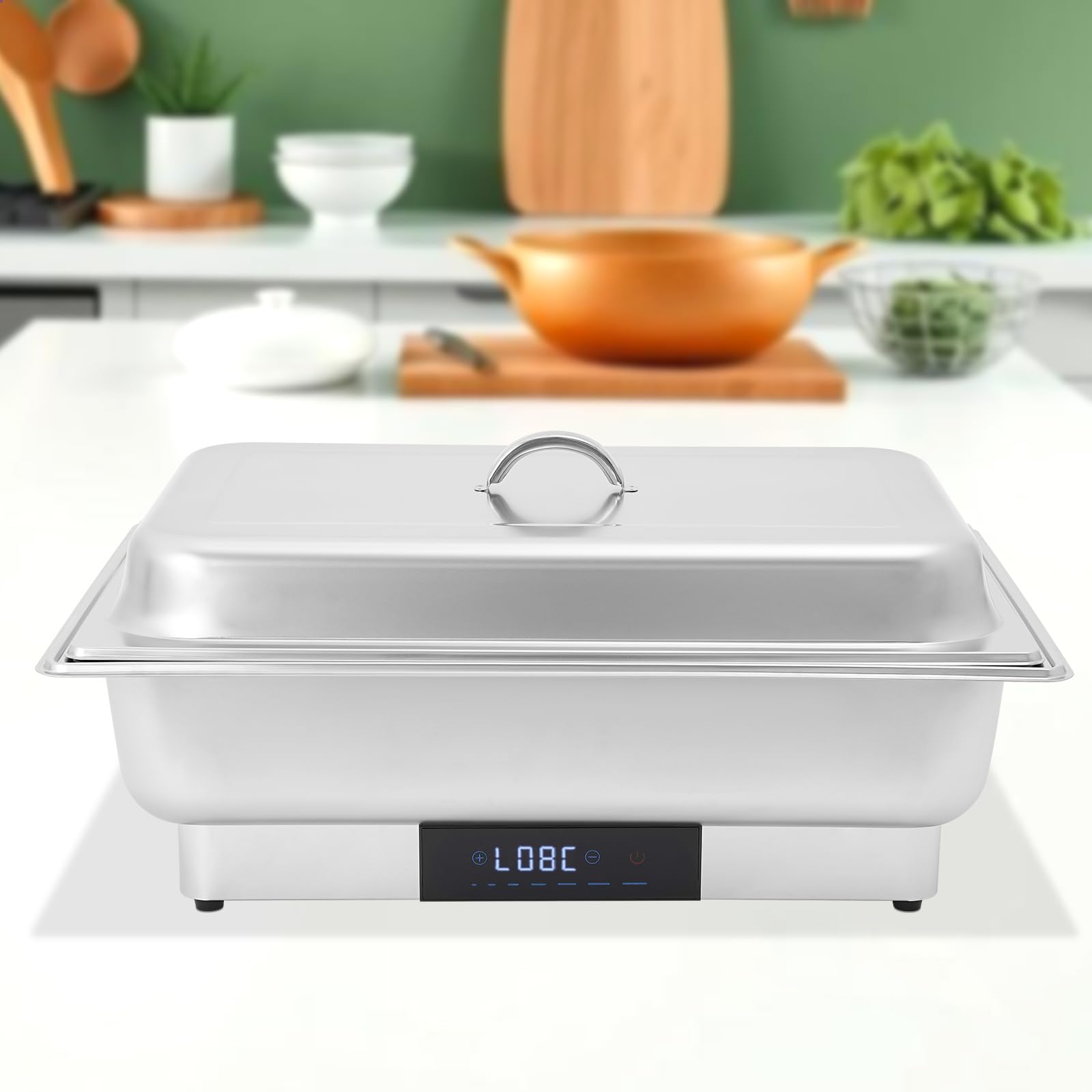 Scaldavivande elettrico da 9 l, in acciaio inox, 600 W, con touchscreen e display digitale, 35-90 °C, scaldavivande per gastronomia, catering e feste, contenitore GN 1/1 e coperchio, argento