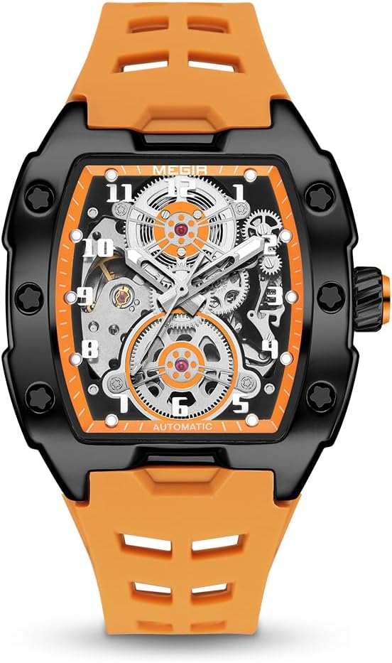 MEGIR Automatic Mechanical Men Watch, Silicone Band, 43x50mm Alloy Case, 3ATM Water Resistant, Luminous Hands