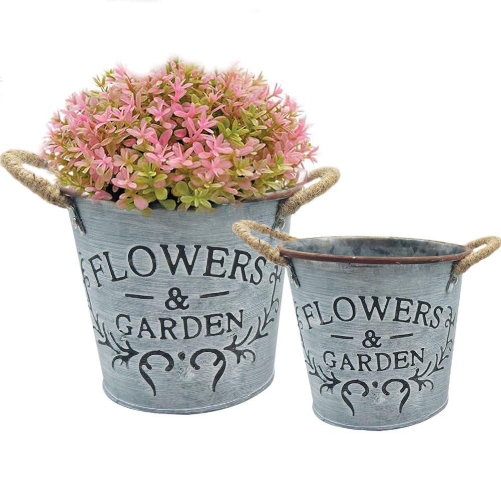 SOFE Set 2 Fioriere Ovali Zincate Con Manici In Corda - Vasi In Metallo Per Piante Da Interno/Esterno, Decorazione Rustica Per Casa E Giardino, Misure 40x17x9 Cm E 33x14x8 Cm - 3