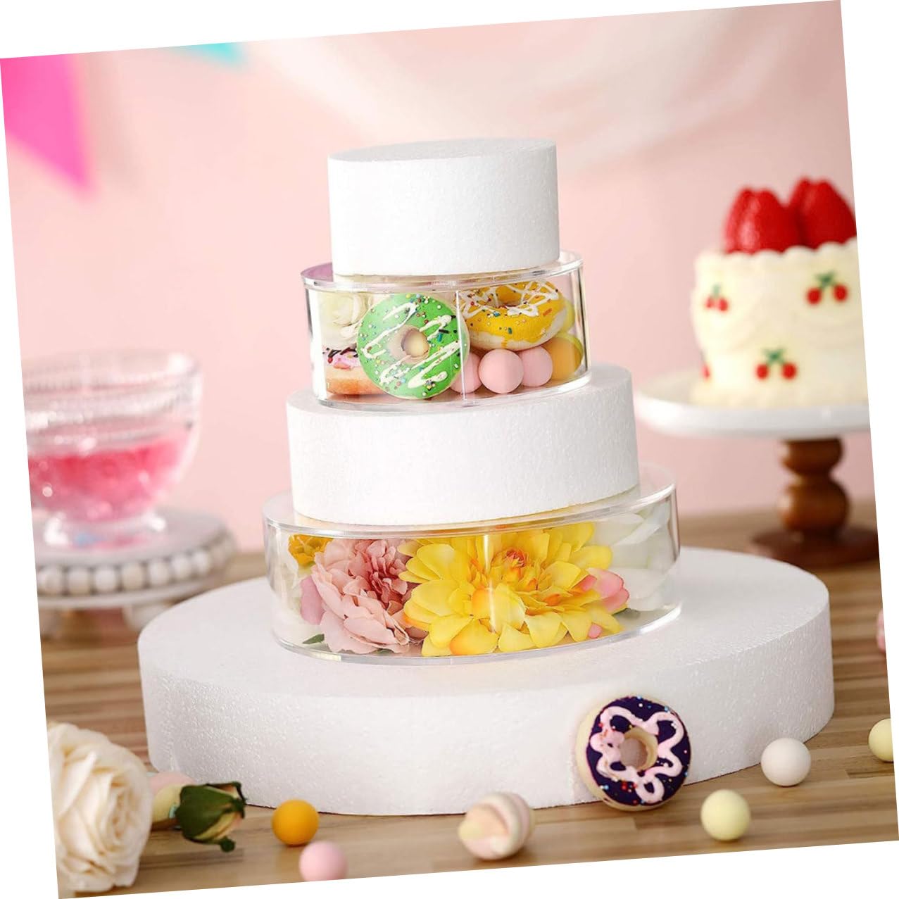 Generico Supporto Pezzi in Rotondo Torte Acrilico Trasparente e Design 2 Riempibile Esporre Matrimoni e Feste Dolci e Snack
