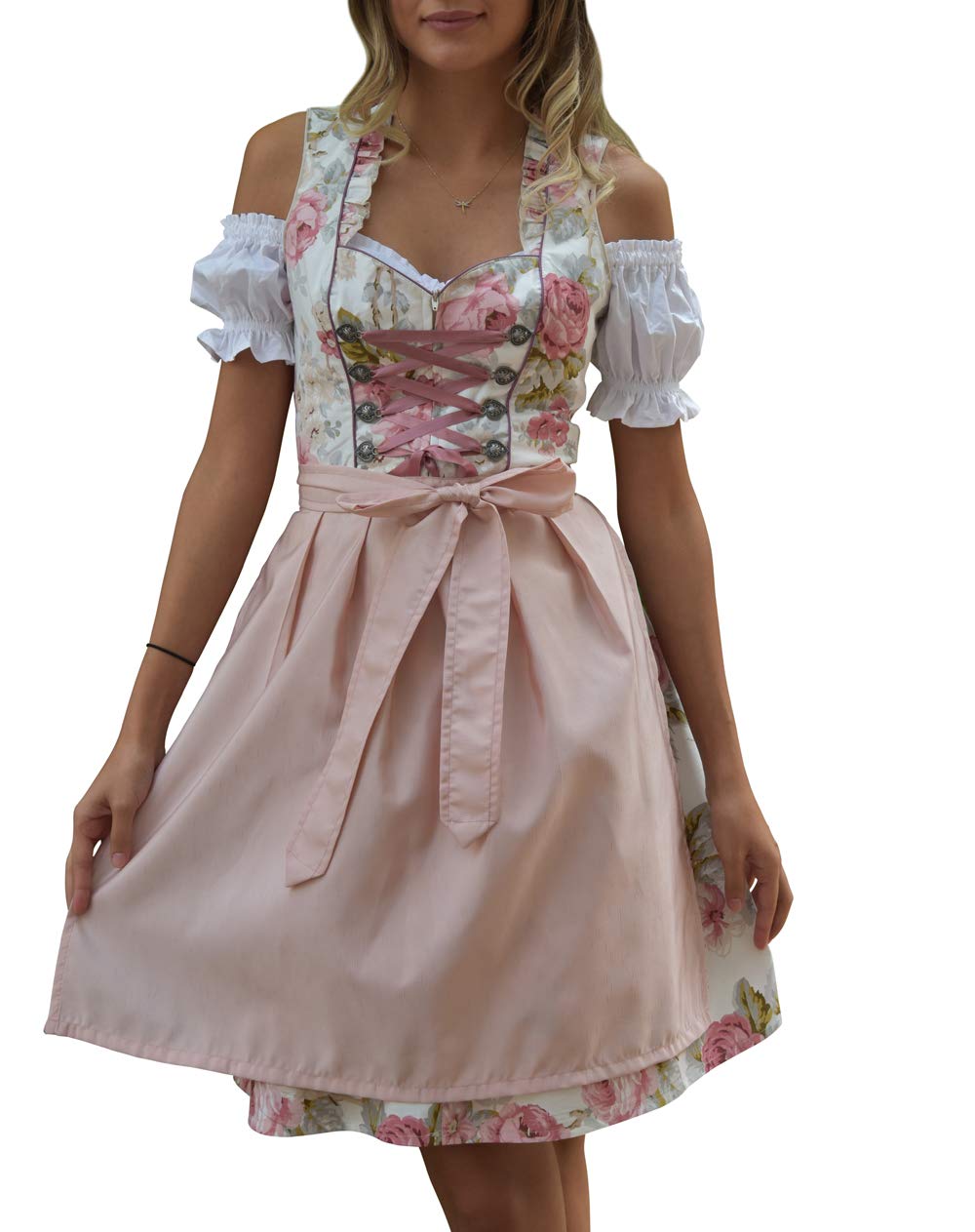 Dirndl 3 TLG, Damen Midi Trachten-kleid für Oktoberfest, Rosa Grün geblümt, 514GT (36)