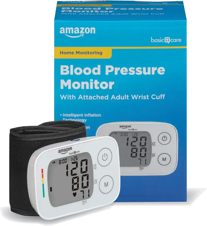 Amazon Basic Care Wrist Blood Pressure Monitor - Digital BP Monitor with Large Display and Intelligent Inflation Technology