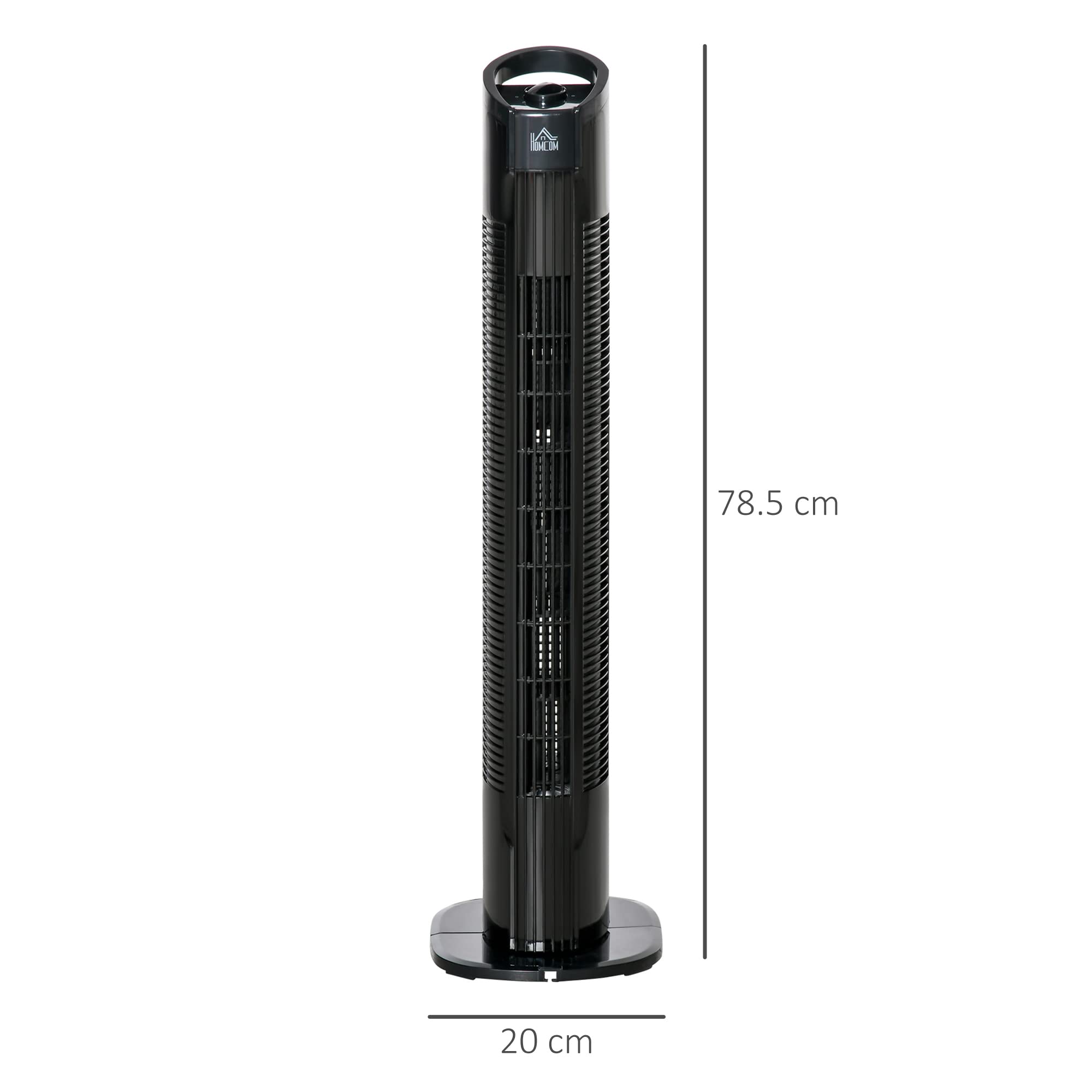 HOMCOM Ventilatore a Torre Moderno 3 Velocità con Oscillazione 70°, Ventilatore a Colonna con Piantana Rotonda e Maniglia, Potenza 50W, in PP, Ø20x78.5cm Nero
