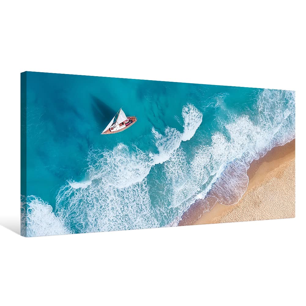 Goldfoilart Blue Ocean Sea Beach Canvas Wall Art Sailboat Painting Print on Canvas Seascape Pictures for Home Decor Living Room Bedroom Office Artwork