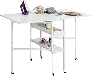 MELLCOM 57.5" W Folding Sewing Table, Height Adjustable Fabric Cutting Table with Storage Shelves ＆ Lockable Casters, Portable Craft Station Desk for Home Apartment (57.5" W x 35.5" D x 33-39.75" H)