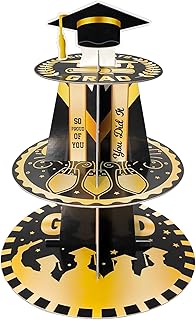 Graduation Cupcake Stand for 25 Cupcakes, Class of 2025 Congrats Dessert Collapsible 3 Tier Holder for Grad Party Black and Gold, Disposable Cardboard Stand Display Tower Graduation Cap Decorations Supplies for College School