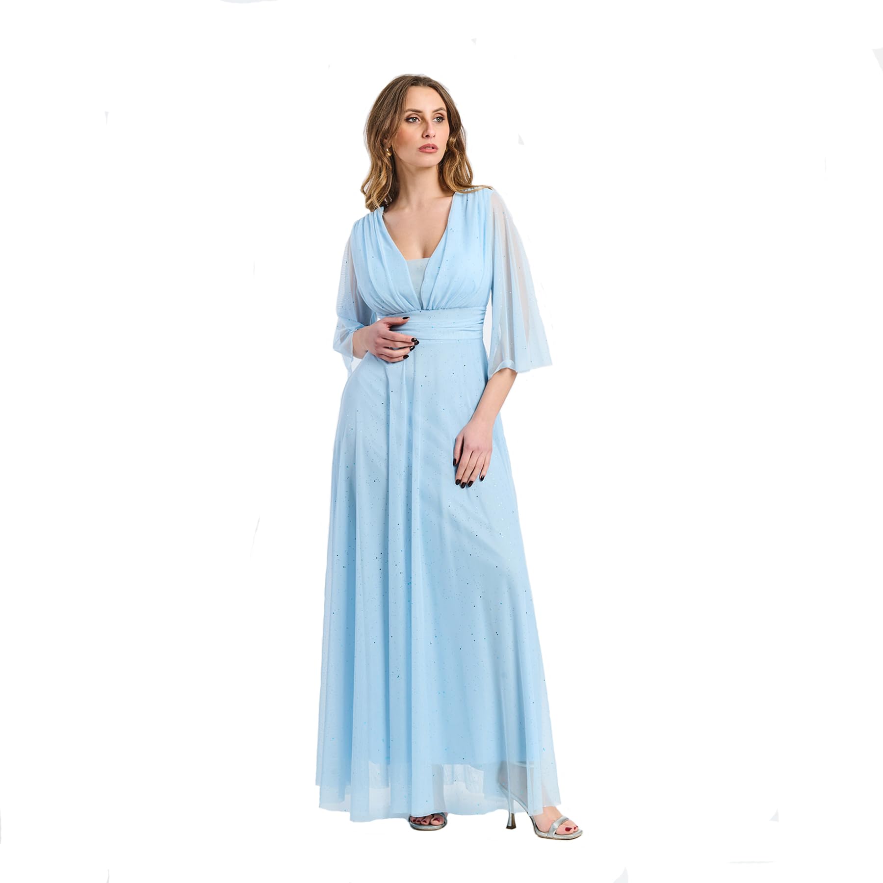 Robe longue élégante pour femme de cérémonie manches 3/4 et col en V. Taille unique réglable. Idéal pour les mariages, les événements et les fêtes. - Fabriqué en Italie