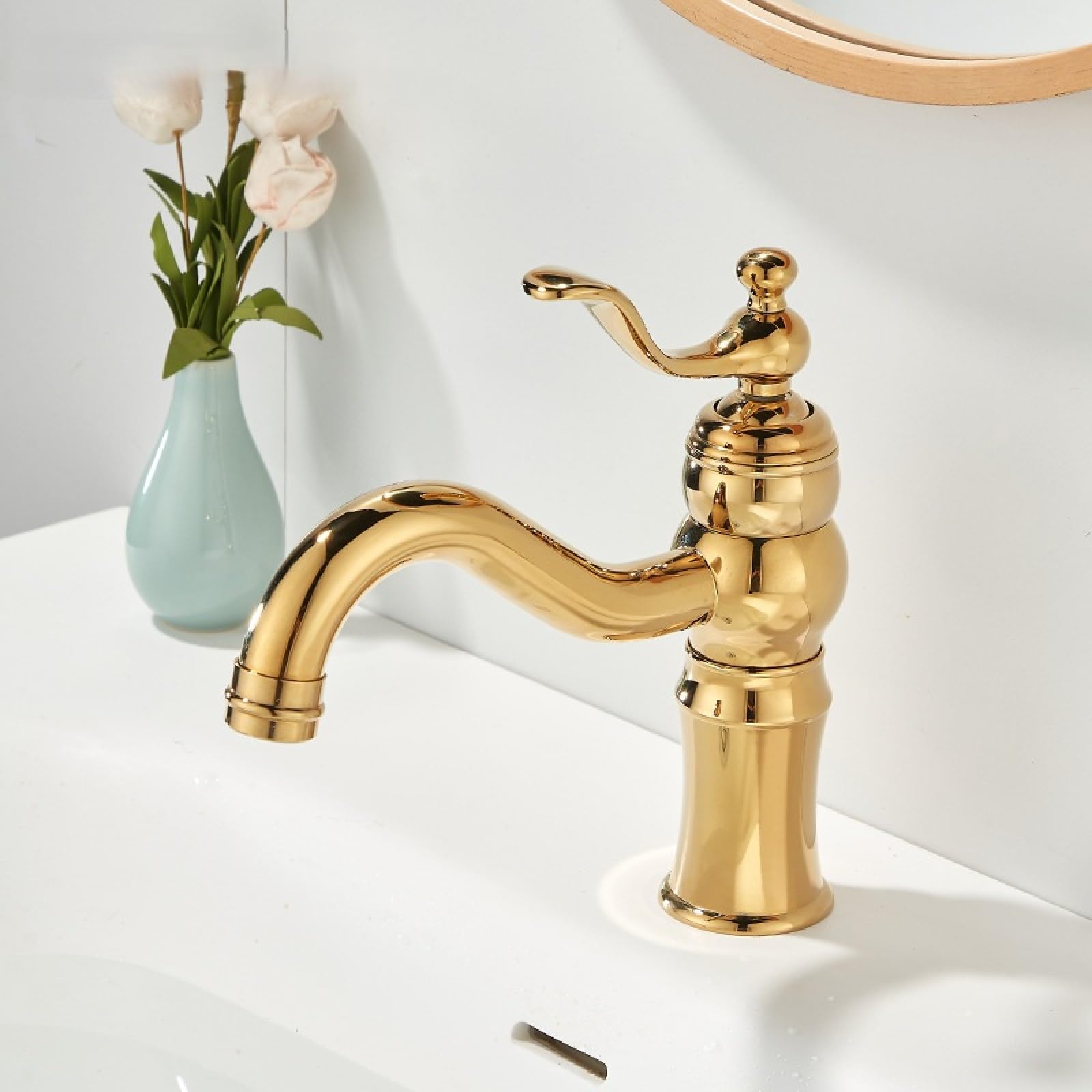 Fanjubei Gold Handle Design Bathroom Washbasin Brass Hot And Cold Basin Faucet, Gold Handle Style
