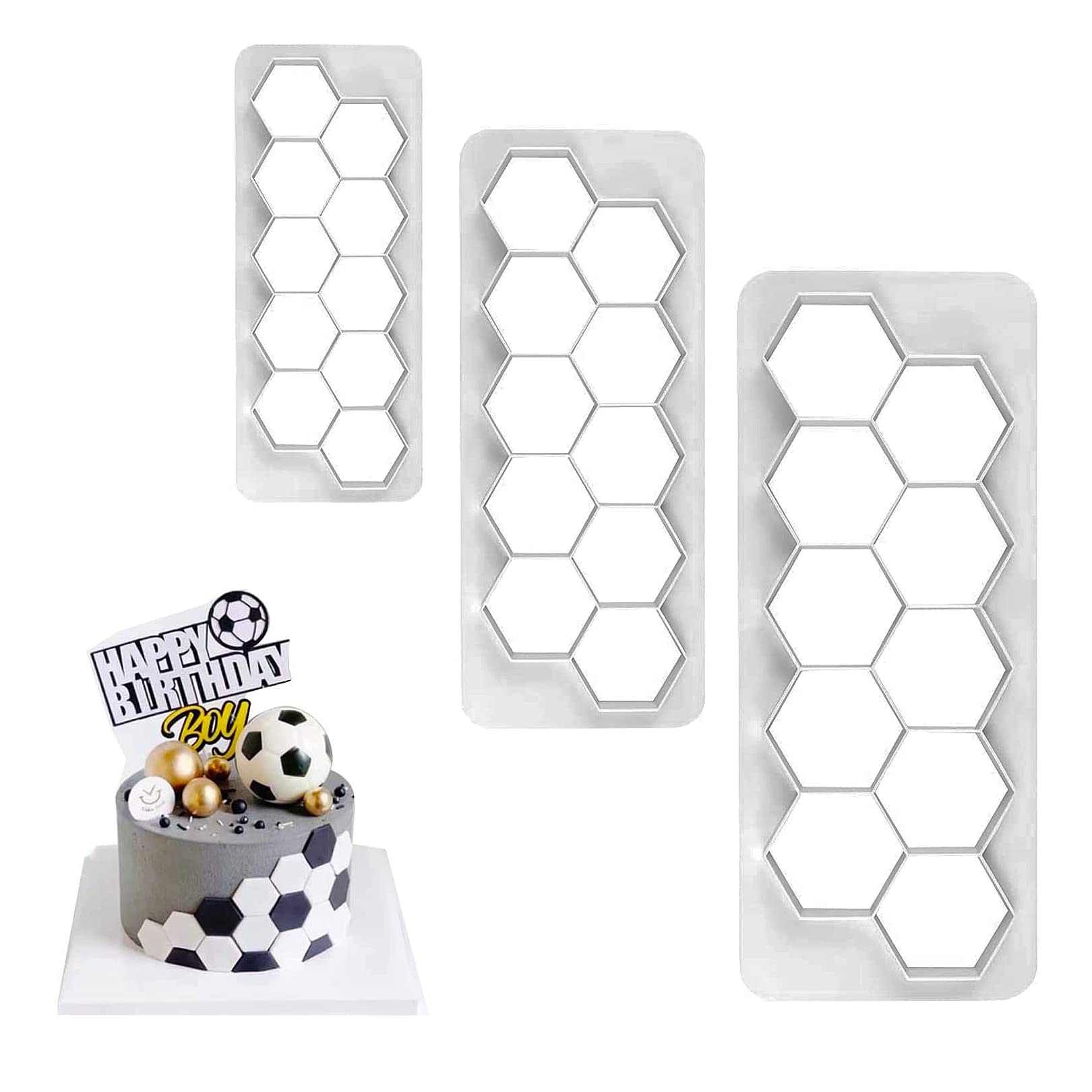 XULIN 30 PCS Football Pattern Cookie Cutters 3 Size Hexagon Cake Fondant Cutter Funny Biscuit Cutters for Kitchen DIY Crafts Cake Desserts Decors Tools for Birthday Kids Boy Girl Women Party Cake