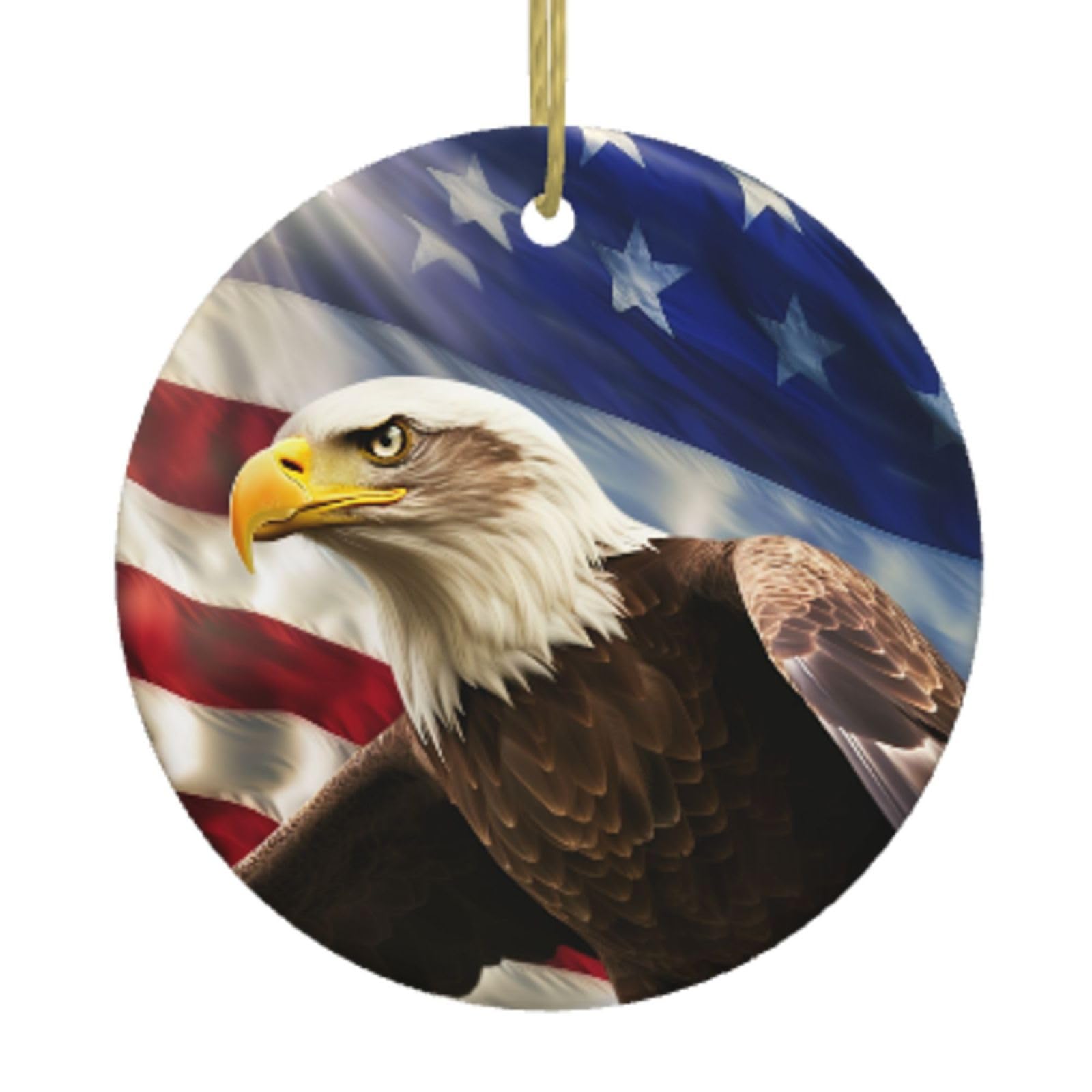 Ceramic Christmas Tree Hanging Ornaments with Gold Ropes Christmas Tree Decorations Round Ceramic American USA Flag Pendant Keepsake Decorations for Holiday Xmas Gift Ideas